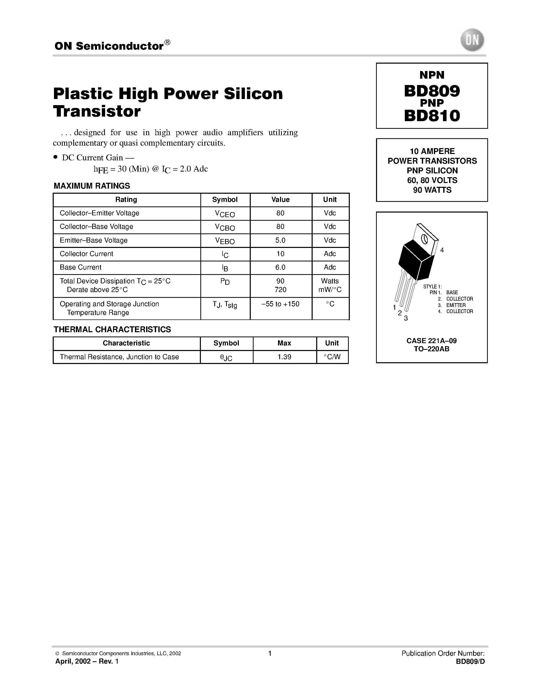 Даташит BD810 - POWER TRANSISTORS PNP SILICON страница 1