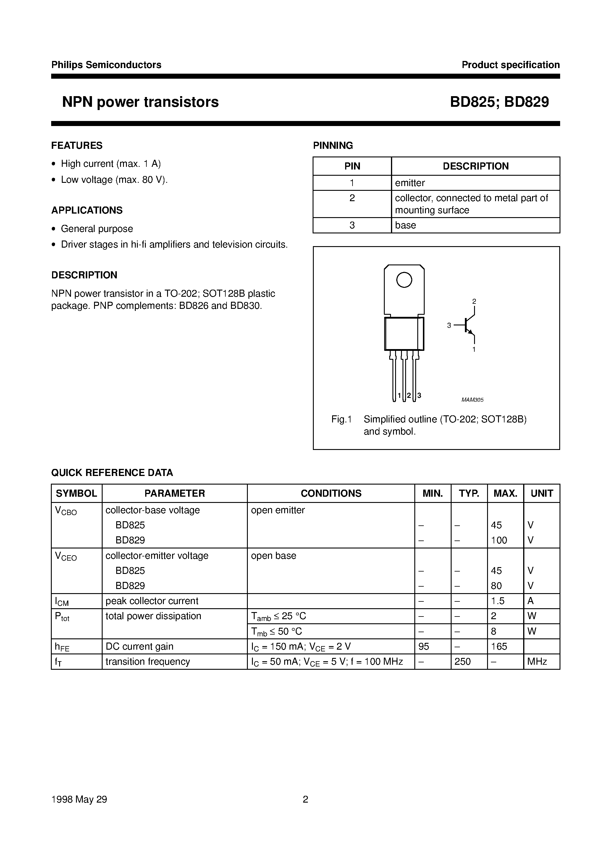 Даташит BD829 - NPN power transistors страница 2