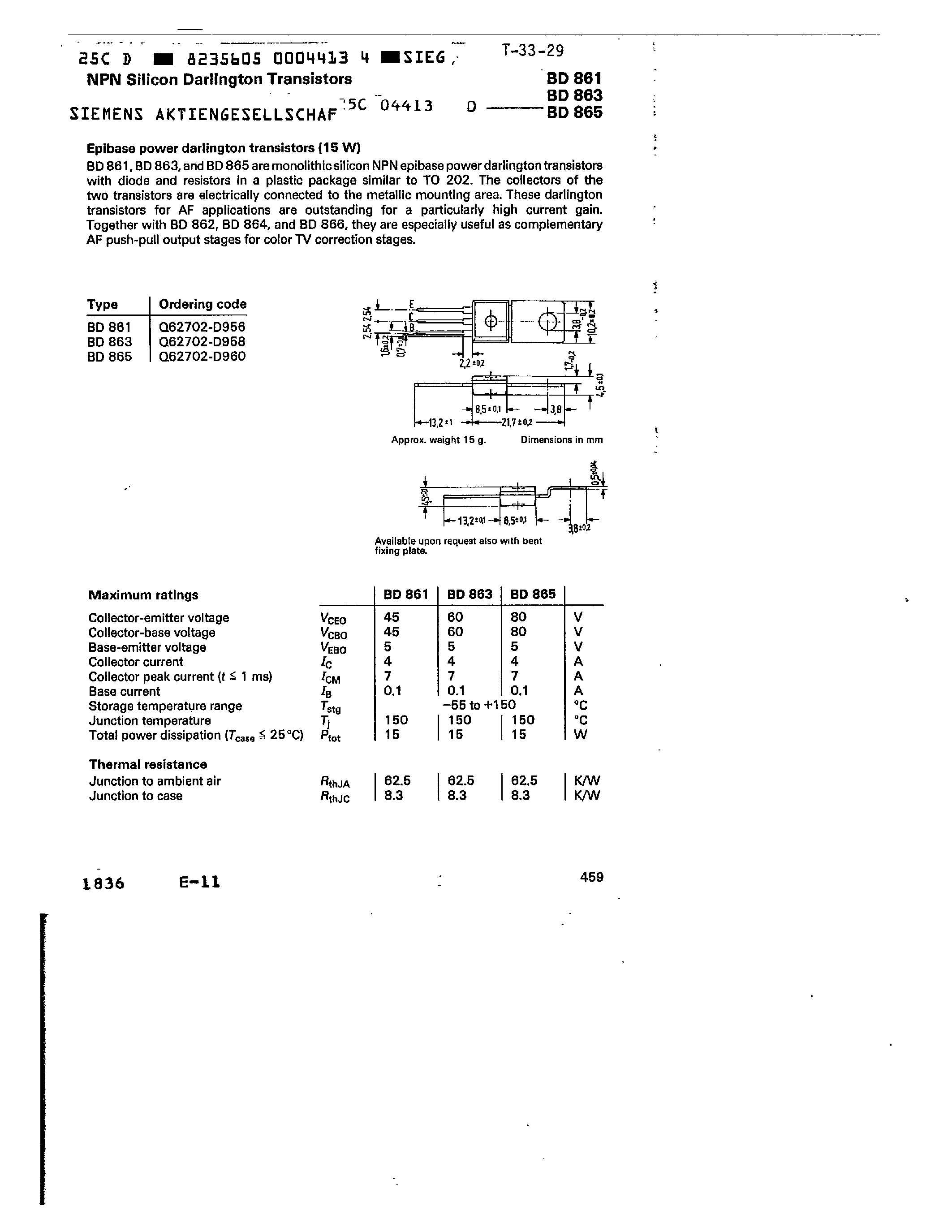 Даташит BD863 - NPN SILICON DARLINGTON TRANSISTORS страница 1