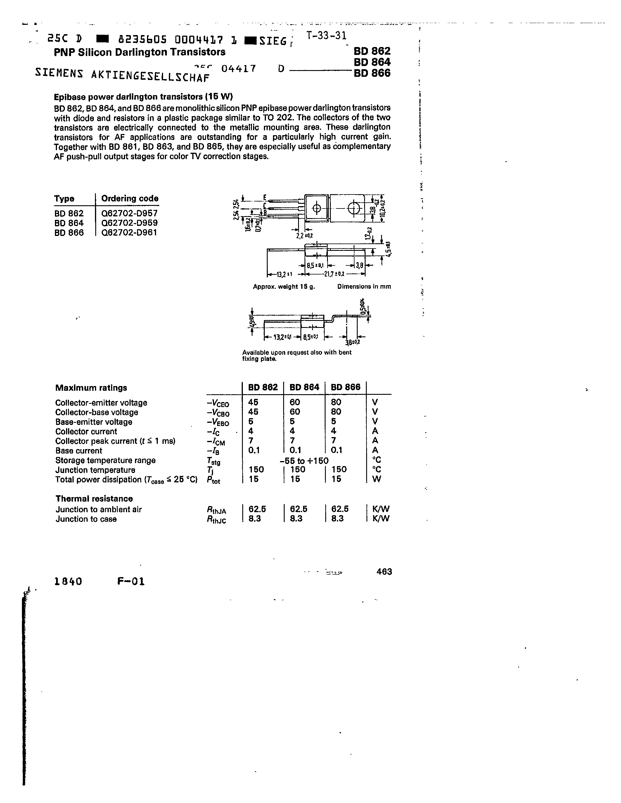 Даташит BD864 - PNP SILICON DARLINGTON TRANSISTORS страница 1