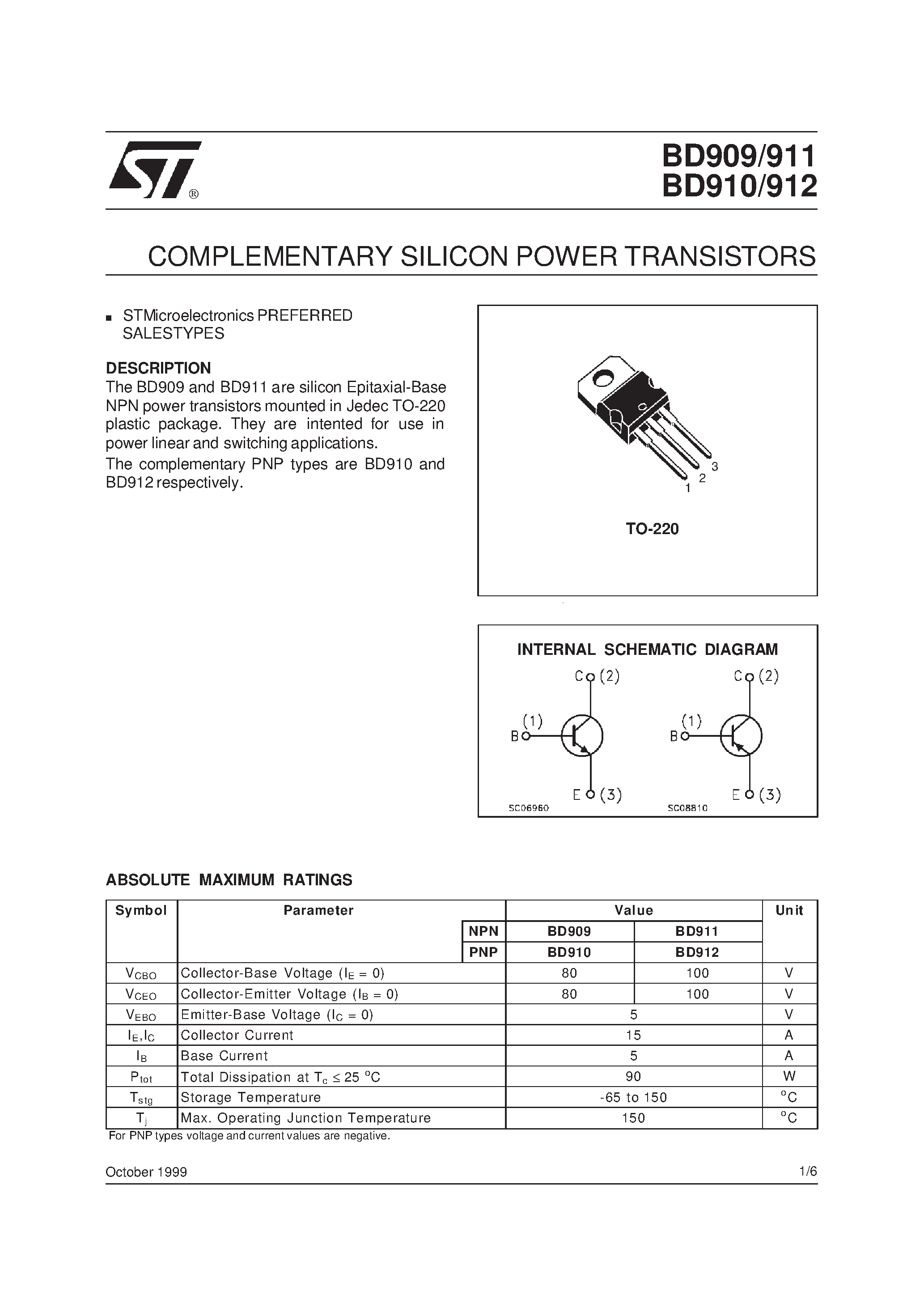 Даташит BD912 - COMPLEMENTARY SILICON POWER TRANSISTORS страница 1