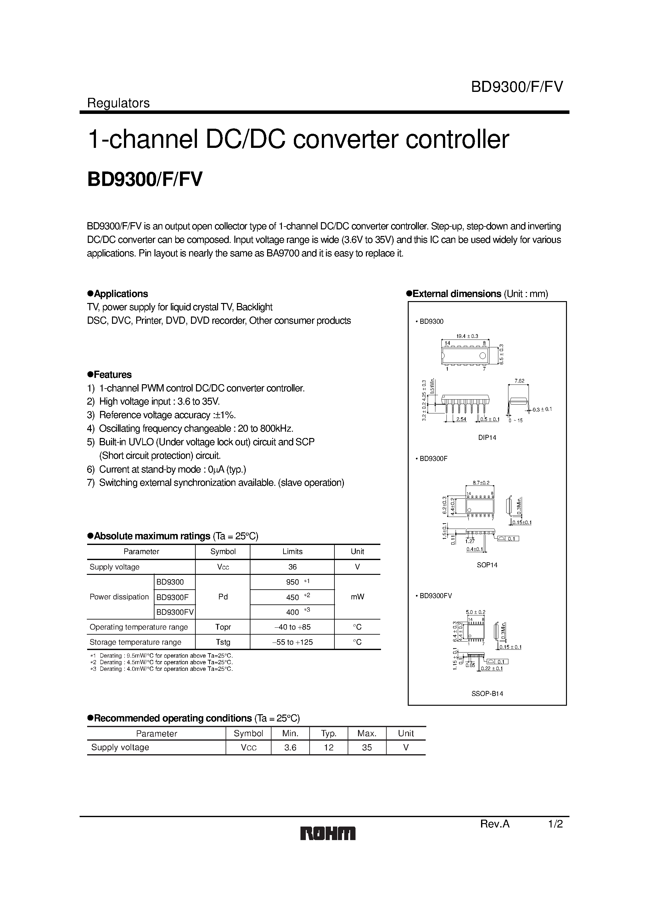 Даташит на микросхему BD9300F страница 1 Даташит BD9300F - 1-channel DC/DC converter controller страница 1