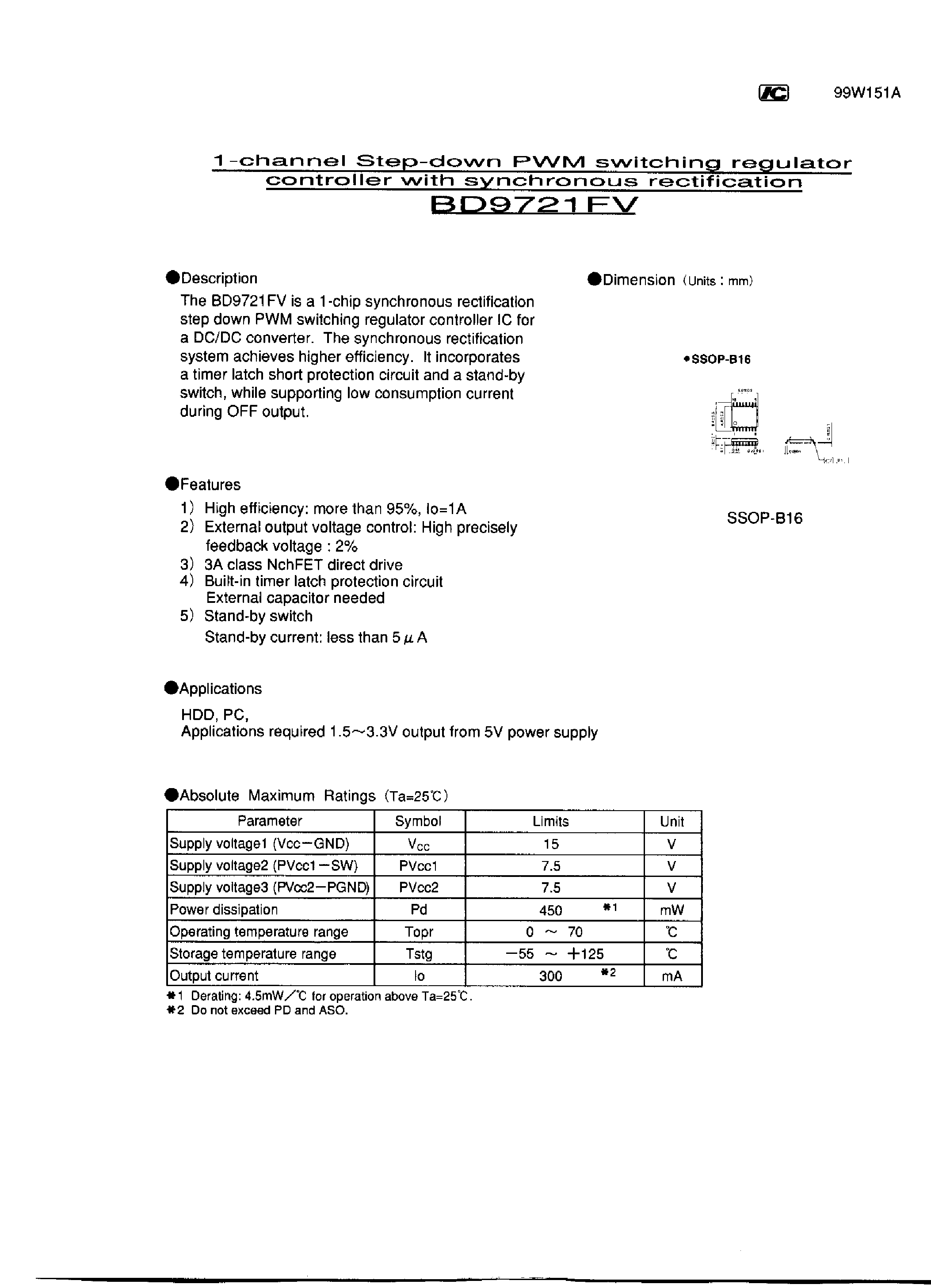 Даташит на микросхему BD9721FV страница 1 Даташит BD9721FV - 1 CHANNEL STEP DOWN PWM SWITCHING REGULATOR CONTROLLER WITH SYNCHRONOUS RECTIFICATION страница 1
