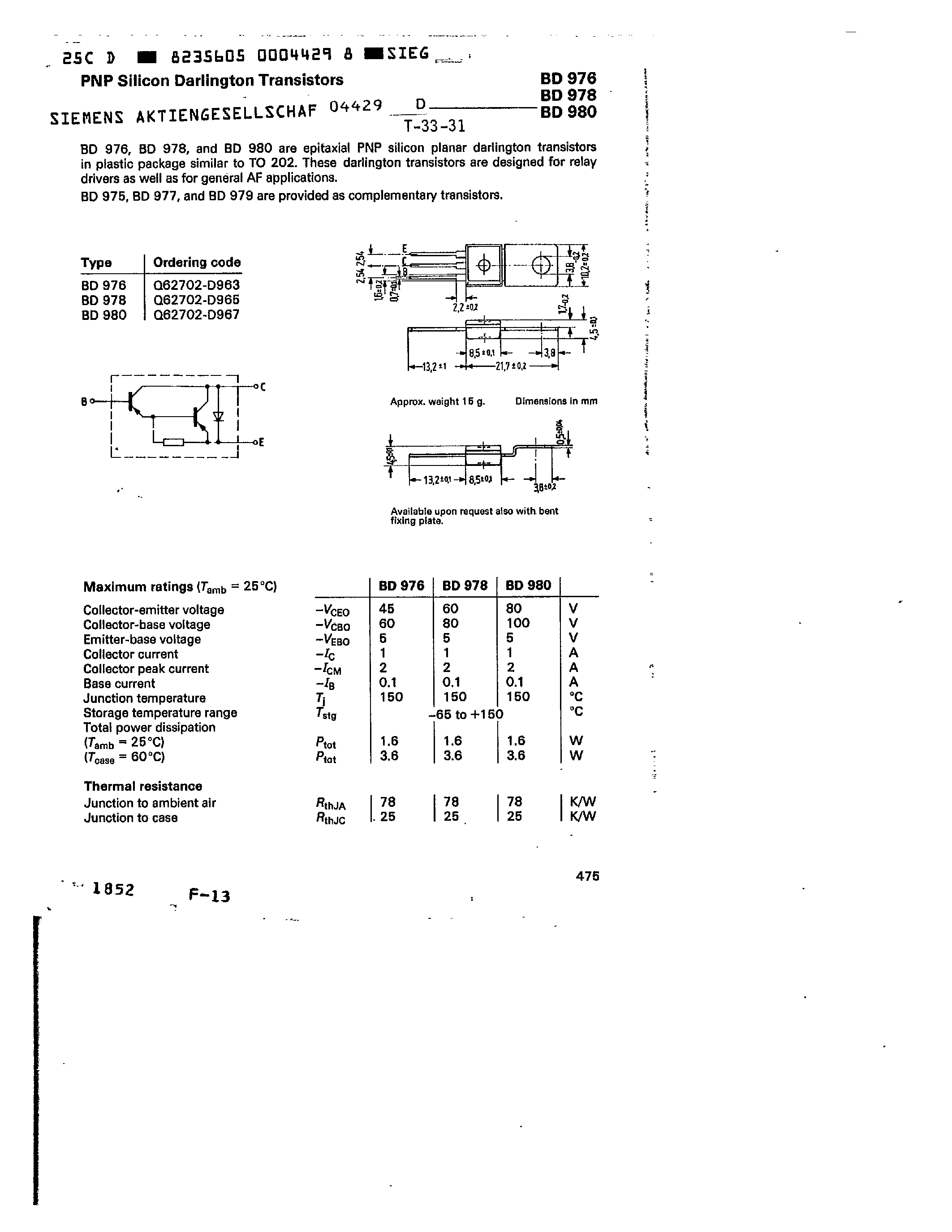 Даташит BD978 - PNP SILICON DARLINGTON TRANSISTORS страница 1