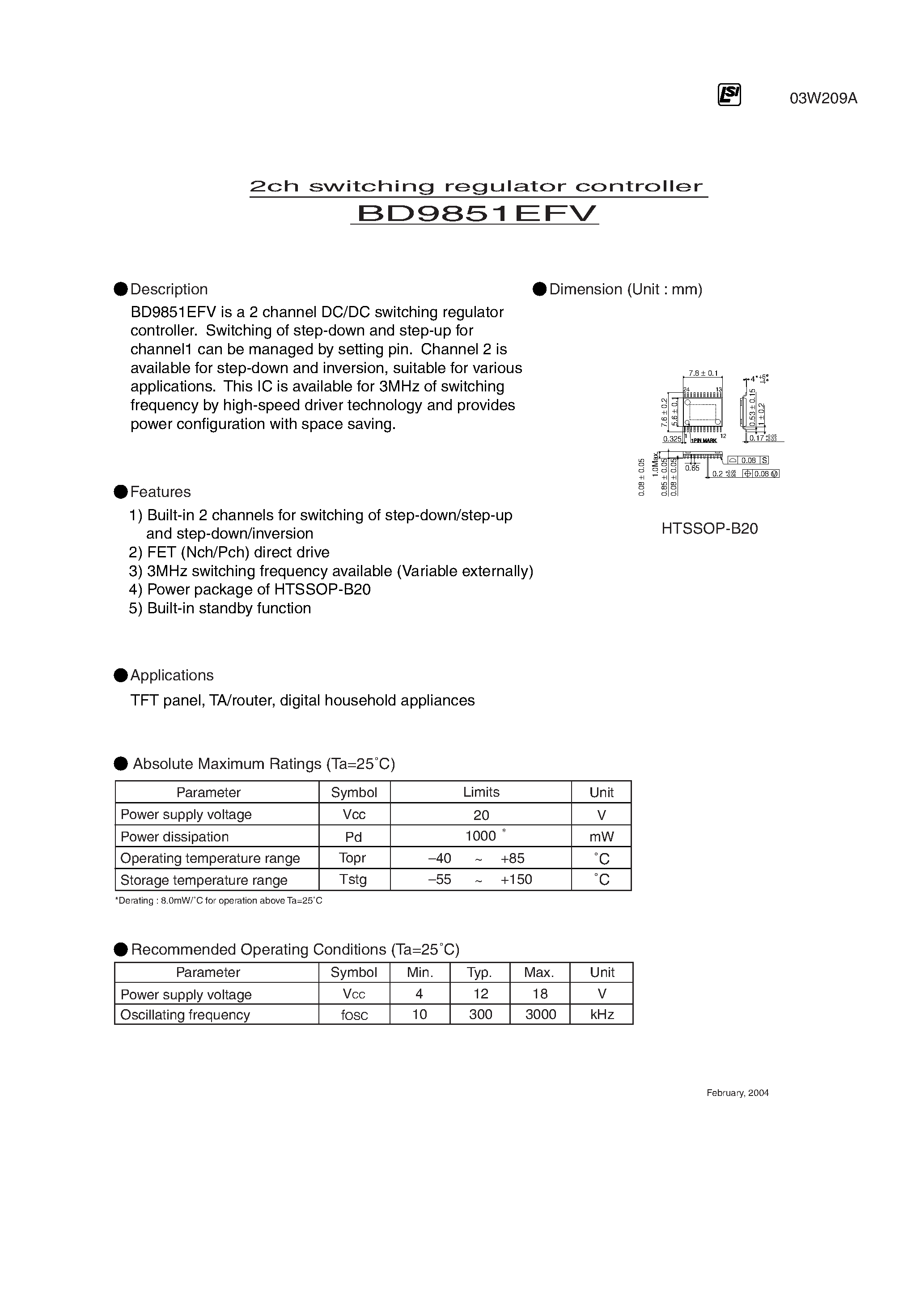 Даташит на микросхему BD9851EFV страница 1 Даташит BD9851EFV - 2ch switching regulator controller страница 1