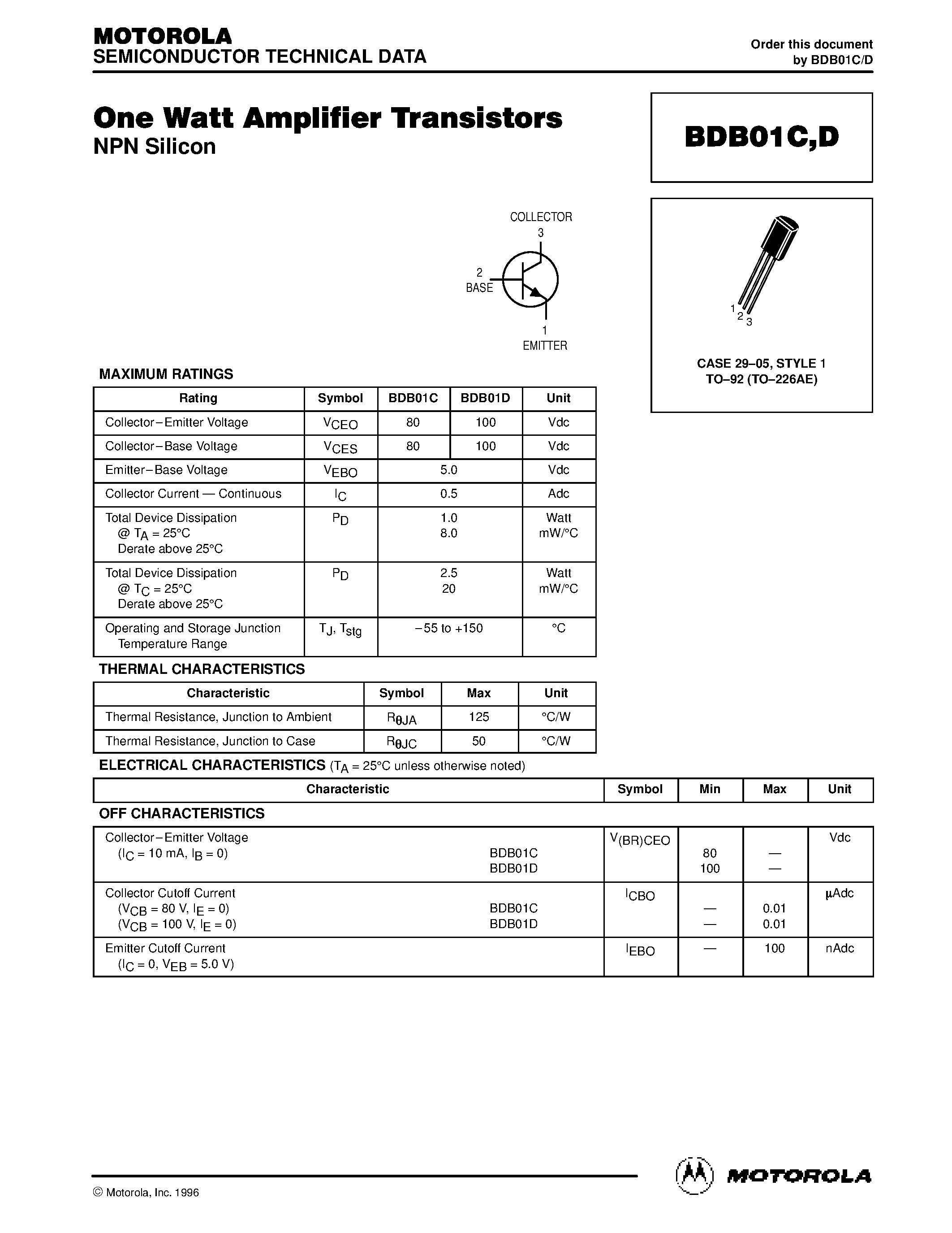 Даташит BDB01C - One Watt Amplifier Transistors страница 1