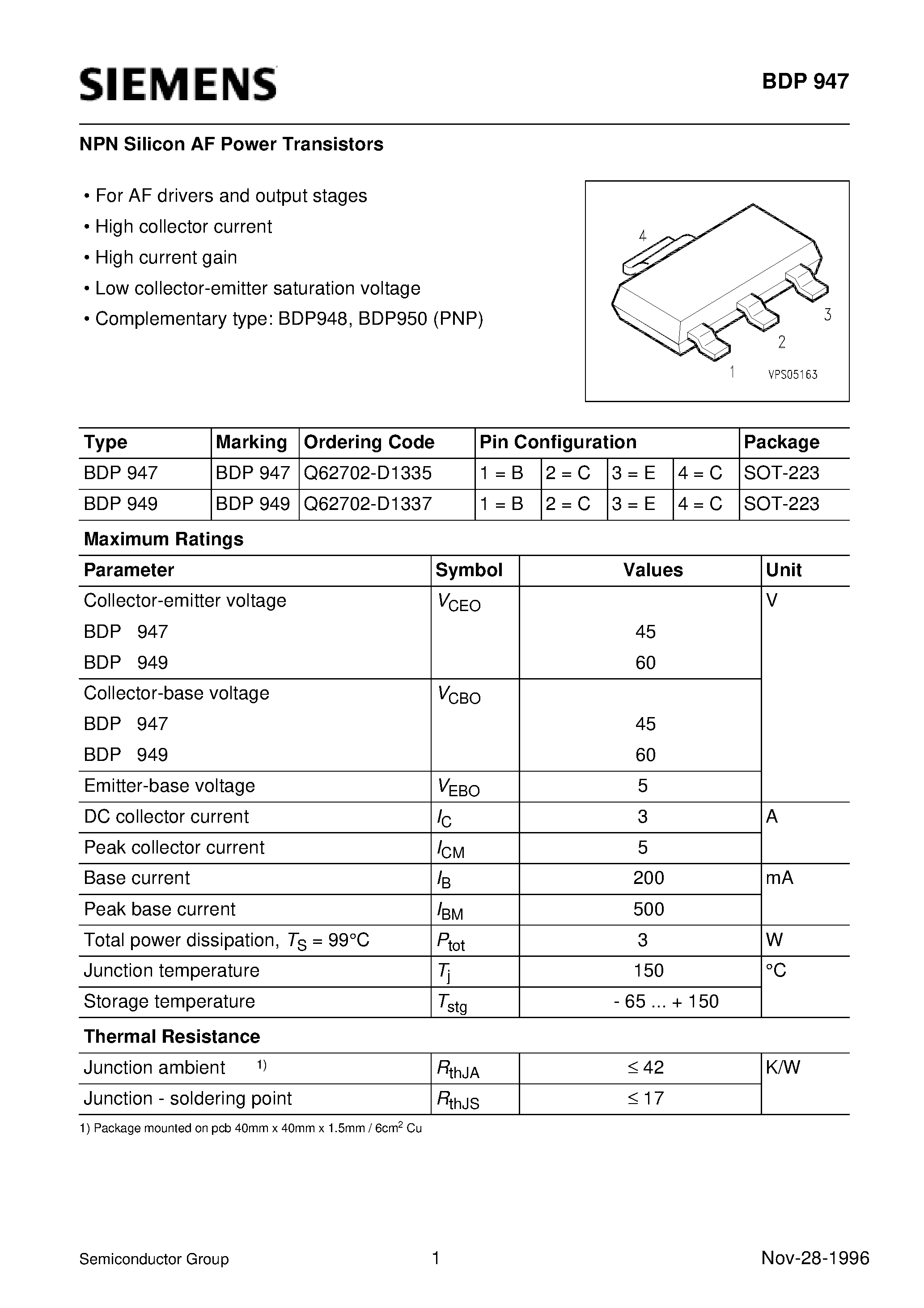Datasheet BDP947 - NPN Silicon AF Power Transistors (For AF drivers and output stages High collector current High current gain) page 1