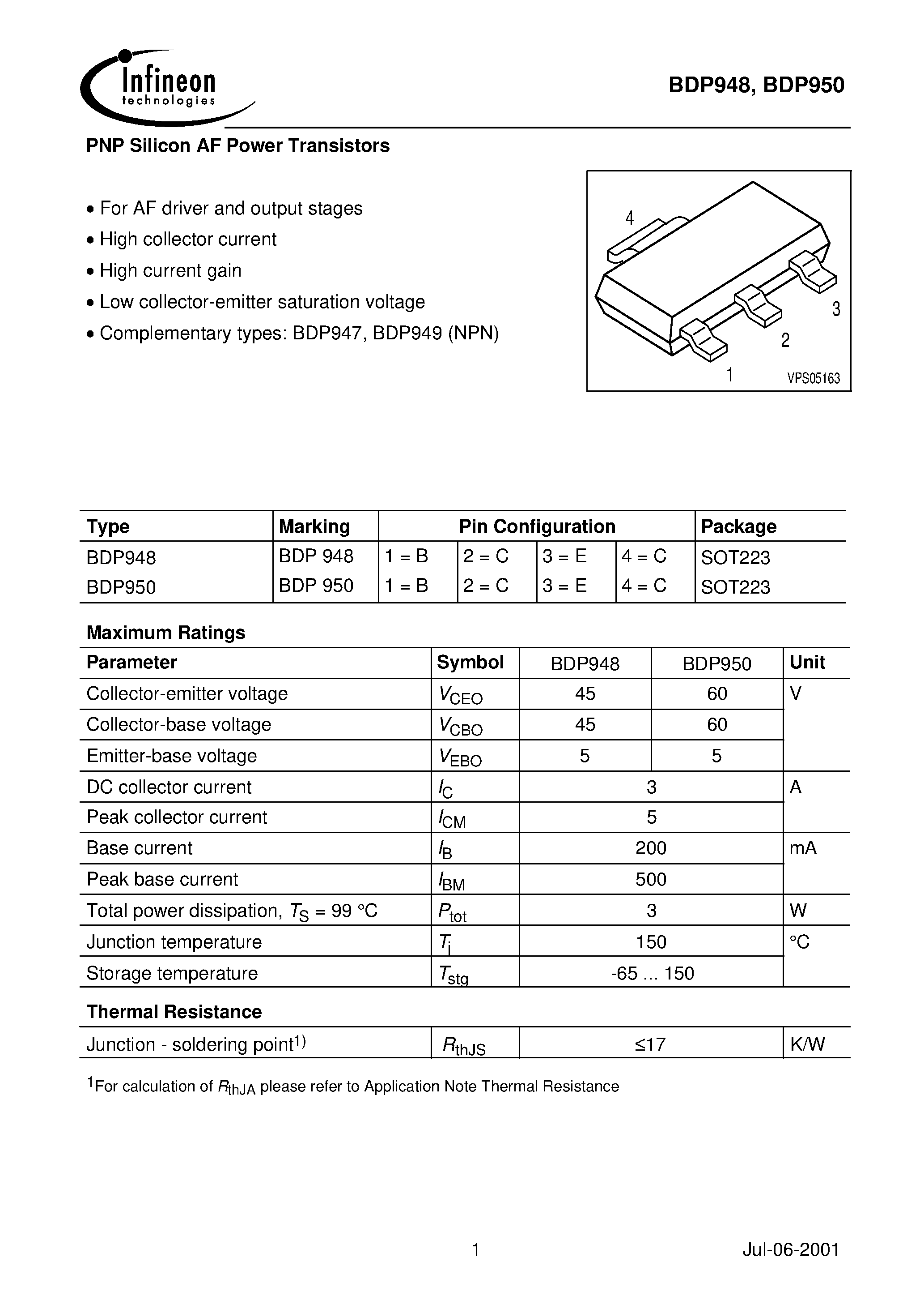 Даташит BDP948 - PNP Silicon AF Power Transistors страница 1