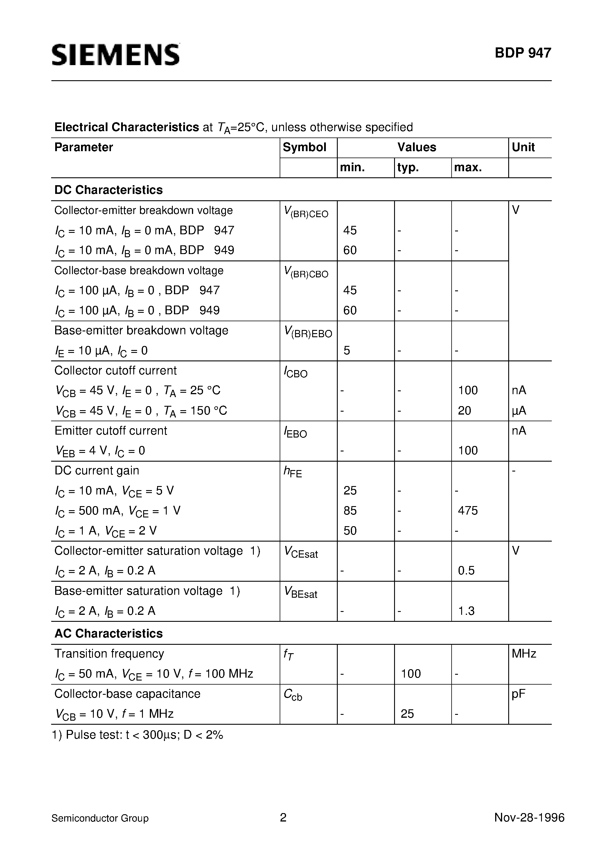Datasheet BDP949 - NPN Silicon AF Power Transistors (For AF drivers and output stages High collector current High current gain) page 2