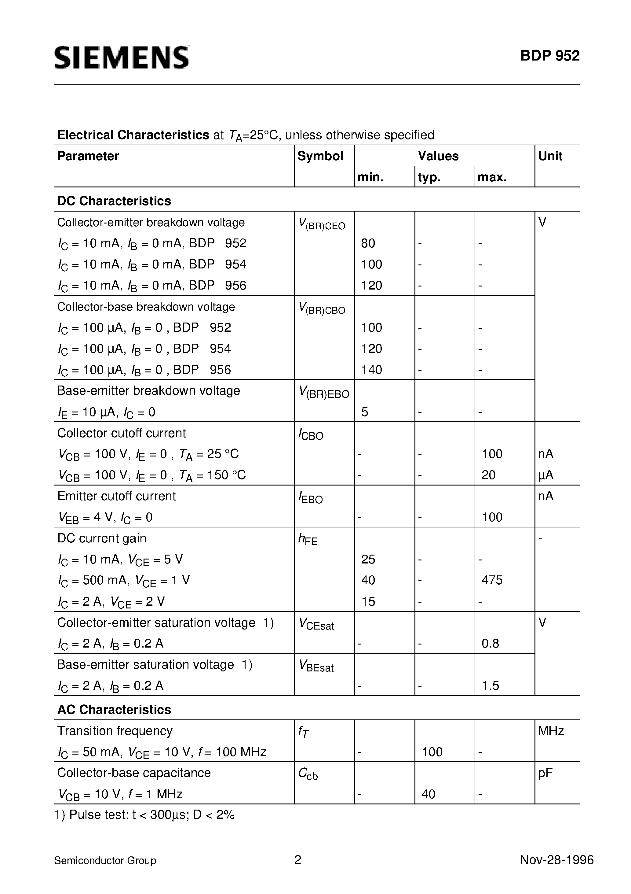 Datasheet BDP952 - PNP Silicon AF Power Transistor (For AF drivers and output stages High collector current High current gain) page 2
