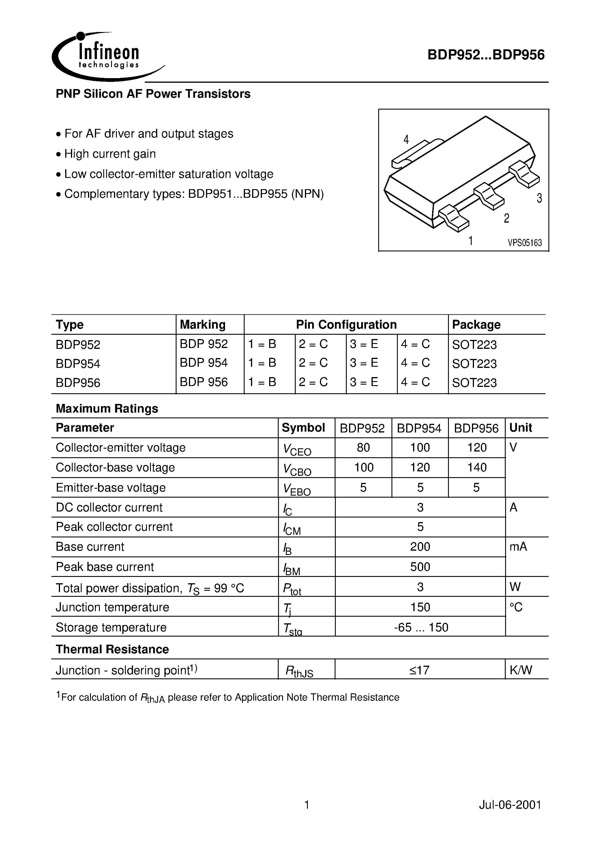 Даташит BDP952 - PNP Silicon AF Power Transistors страница 1