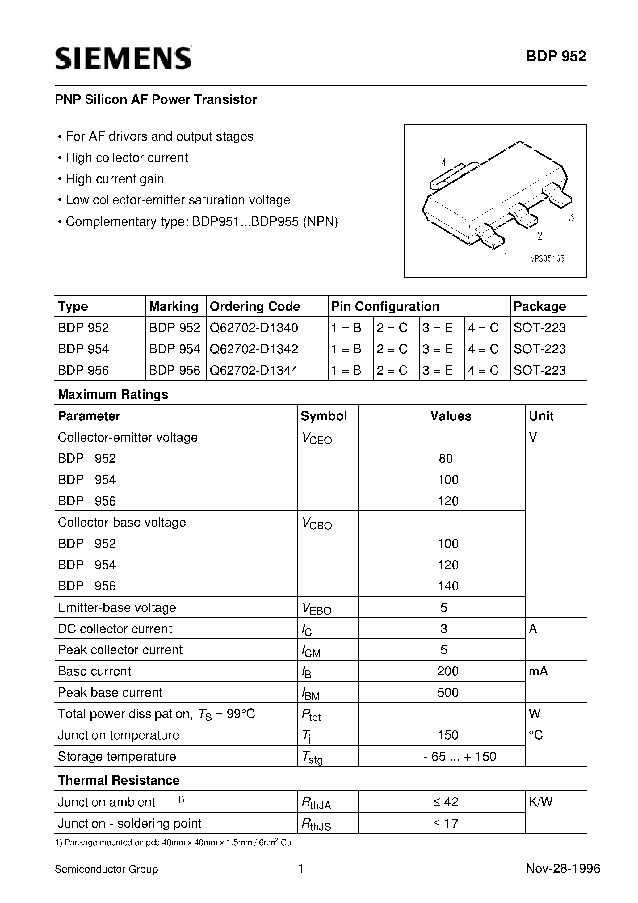 Datasheet BDP954 - PNP Silicon AF Power Transistor (For AF drivers and output stages High collector current High current gain) page 1