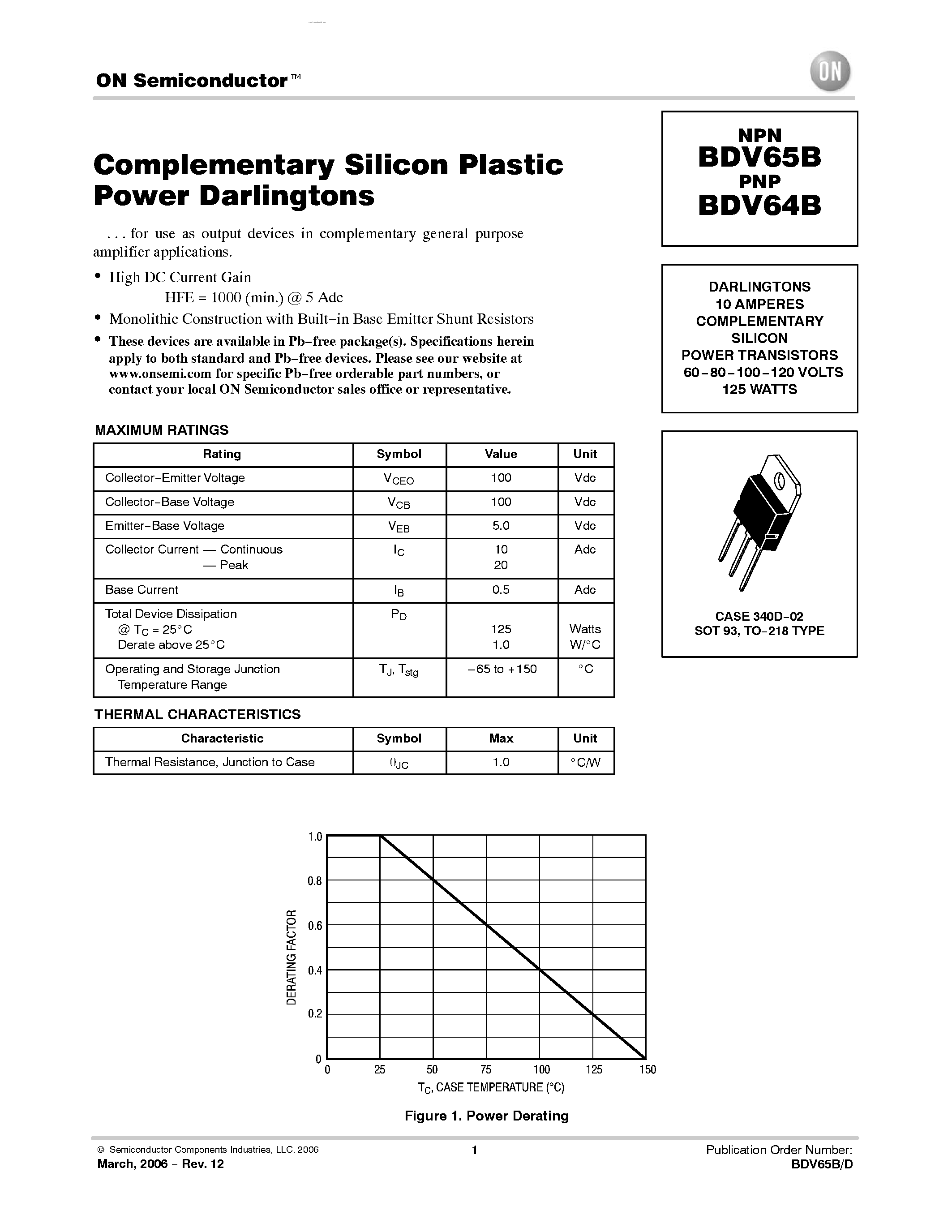 Даташит BDV64B - DARLINGTONS 10 AMPERES COMPLEMENTARY SILICON POWER TRANSISTORS страница 1