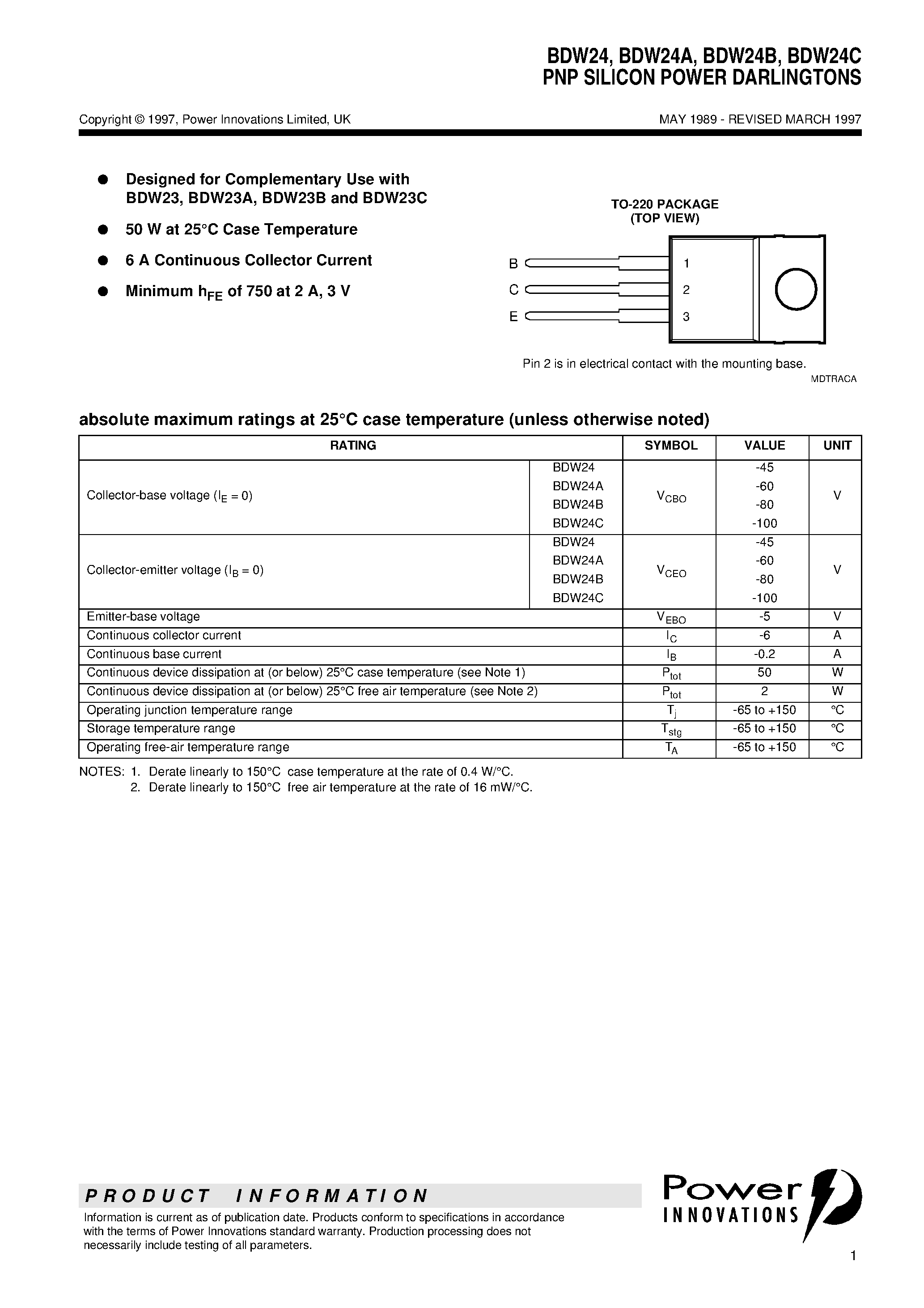 Datasheet BDW24C - PNP SILICON POWER DARLINGTONS page 1