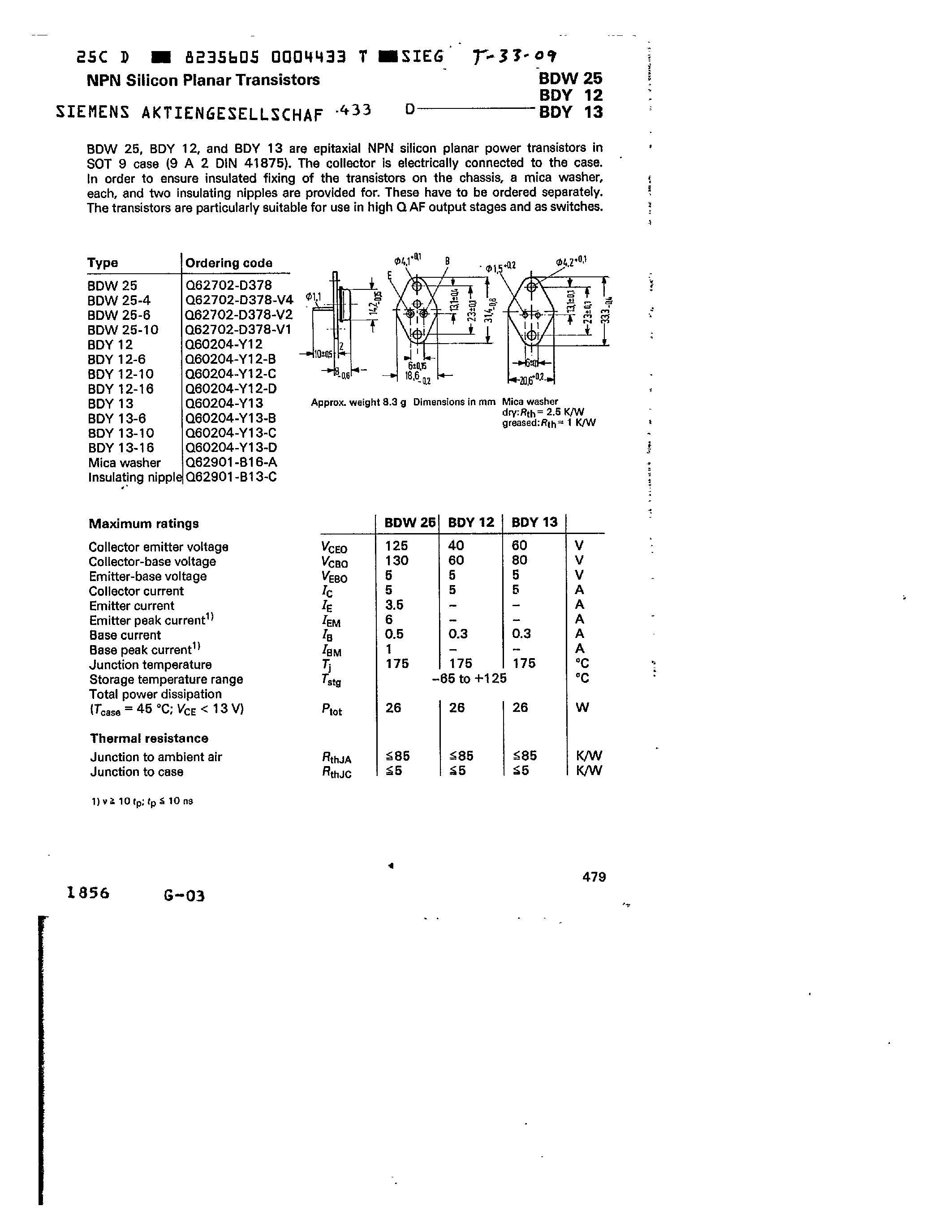 Datasheet BDW25 - NPN Silicon Planar Trnasistors page 1