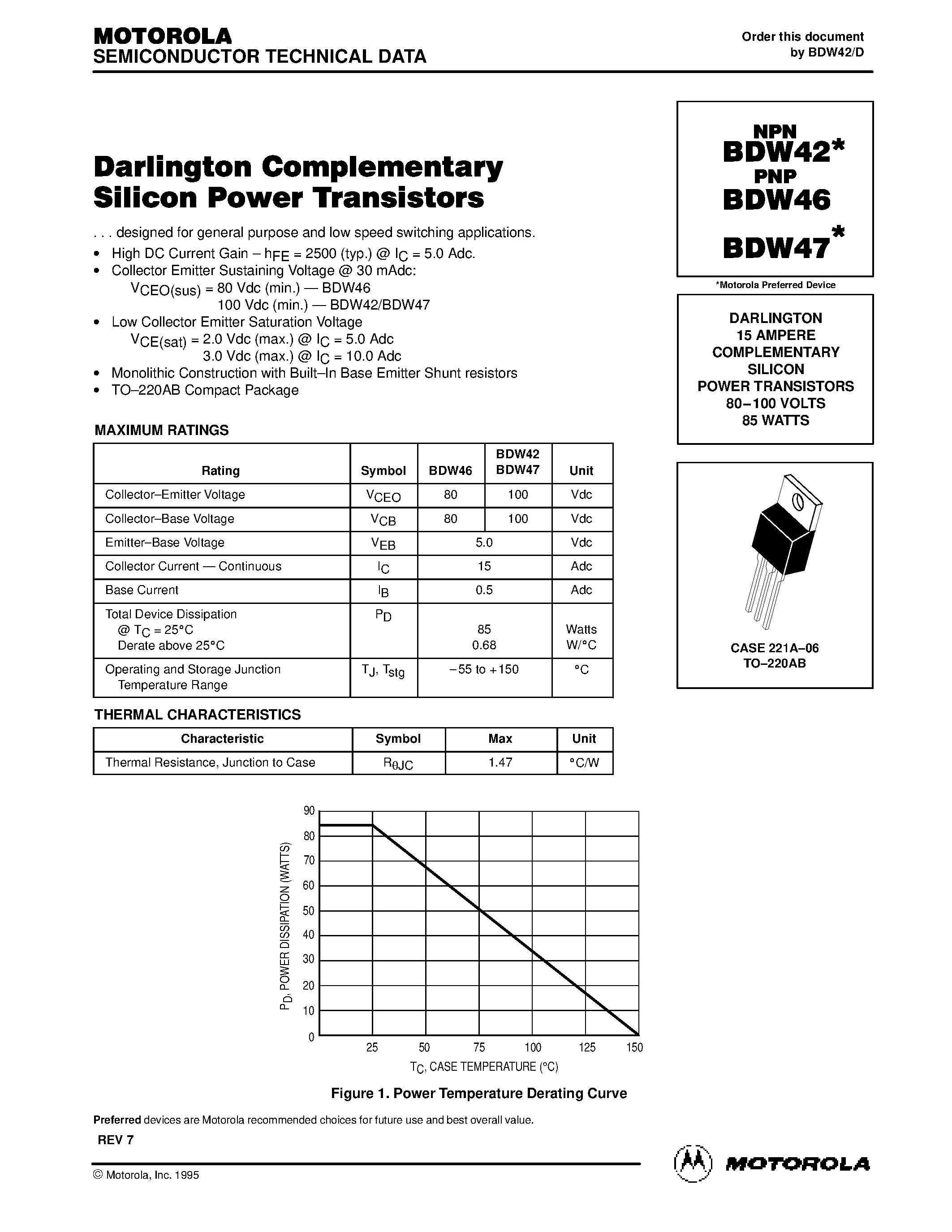 Datasheet BDW42 - Darlington Complementary Silicon Power Transistors page 1