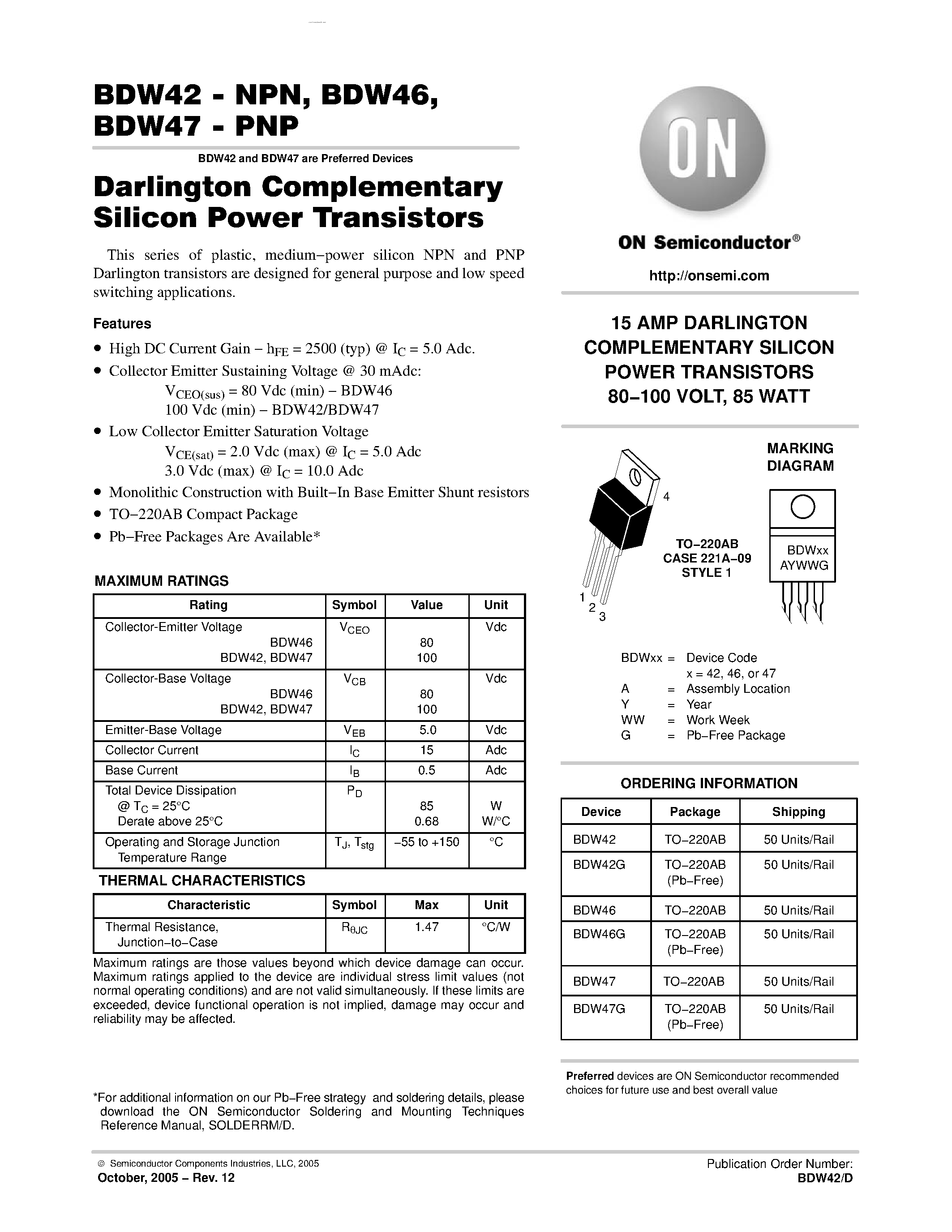 Даташит BDW46 - DARLINGTON COMPLEMENTARY SILICON POWER TRANSISTORS страница 1