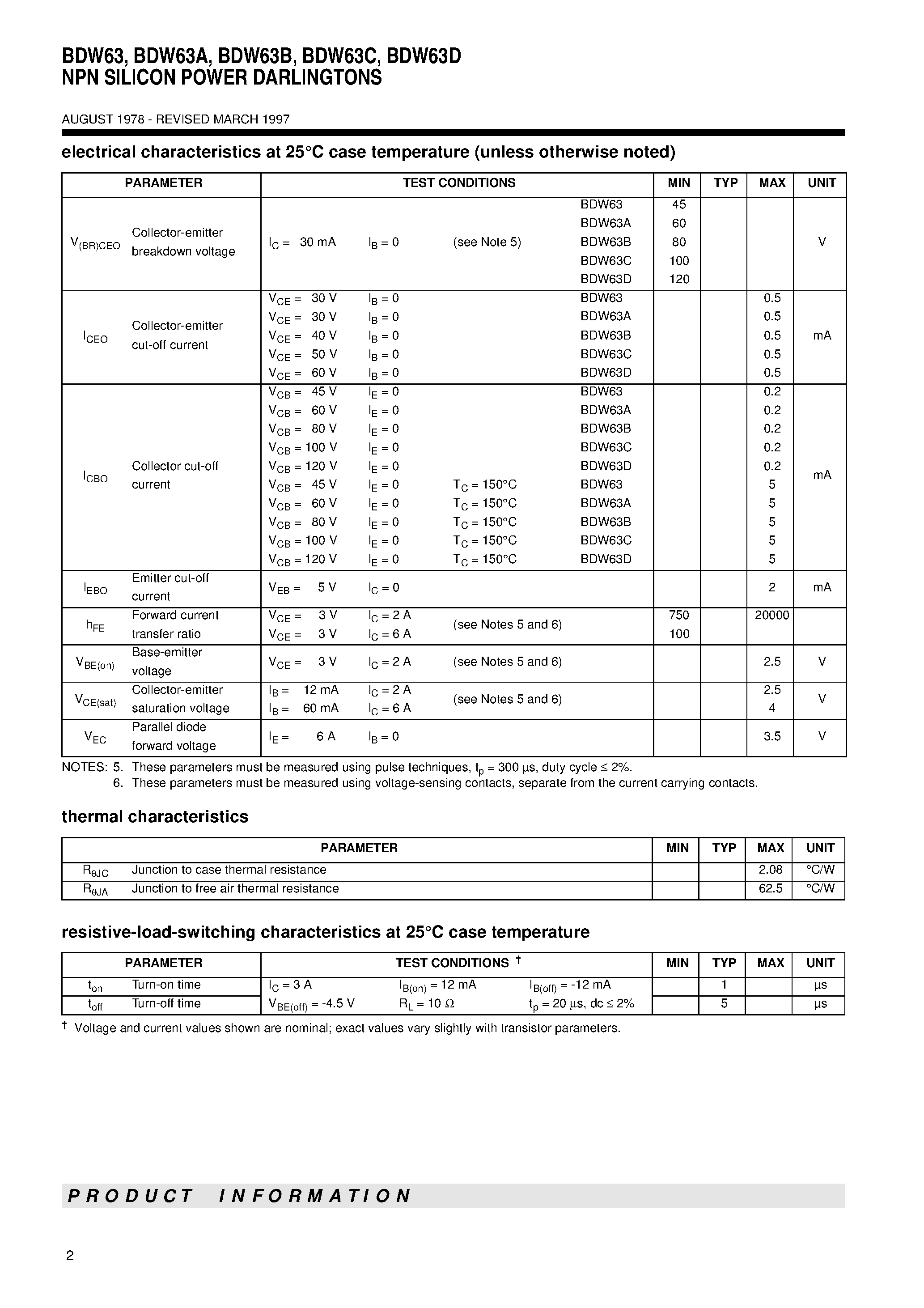 Datasheet BDW63 page 2 Datasheet BDW63 - NPN SILICON POWER DARLINGTONS page 2
