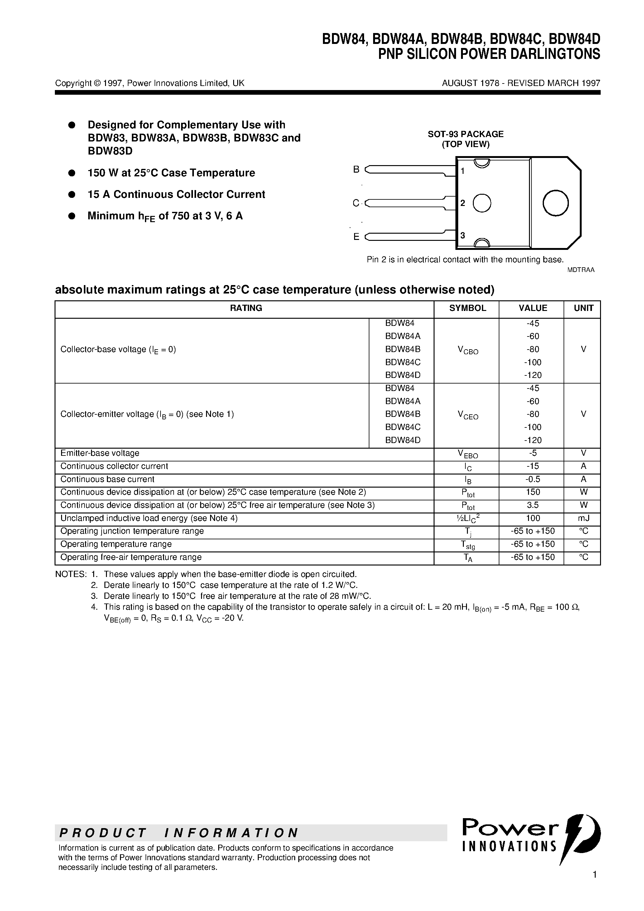 Datasheet BDW84A - PNP SILICON POWER DARLINGTONS page 1