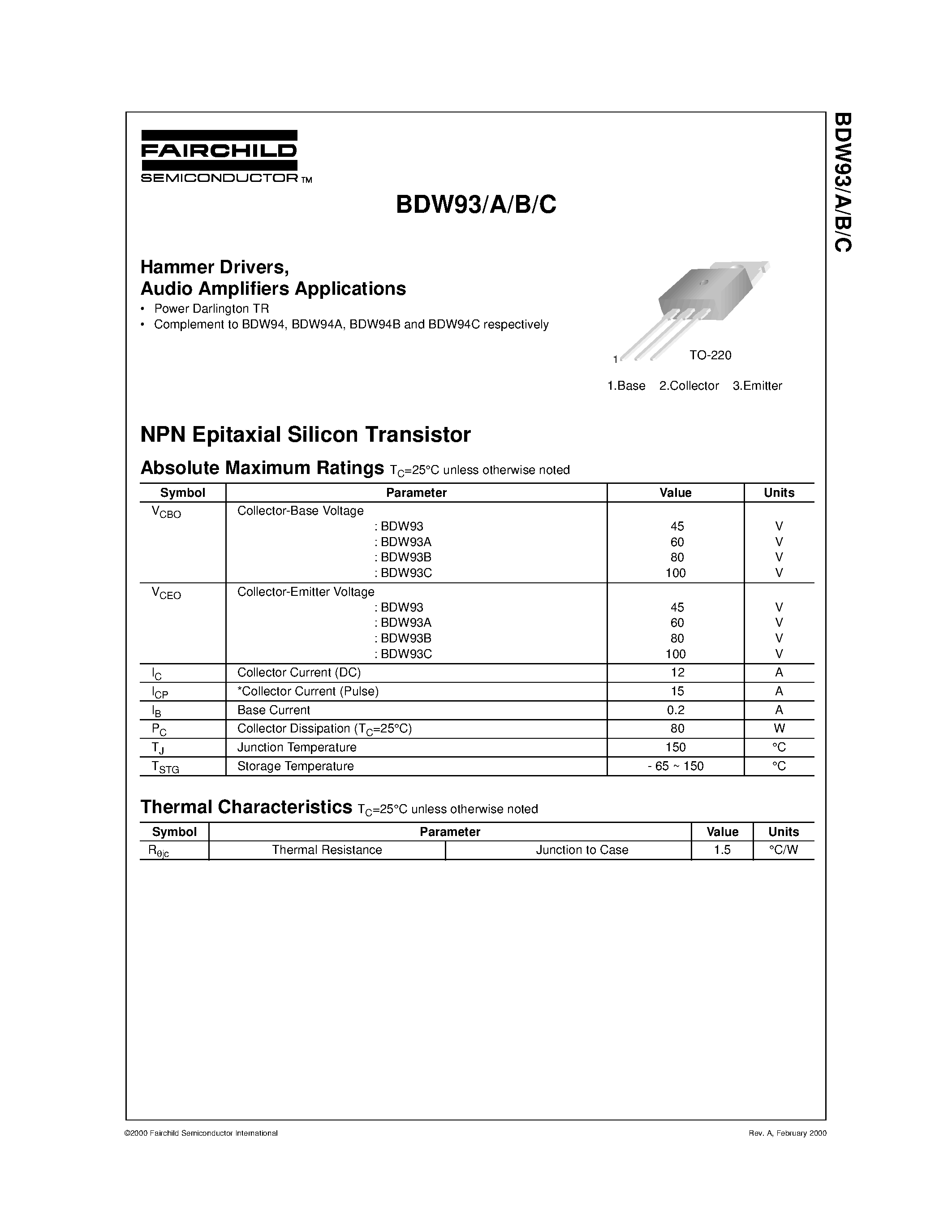 Даташит BDW93A - Hammer Drivers/ Audio Amplifiers Applications страница 1