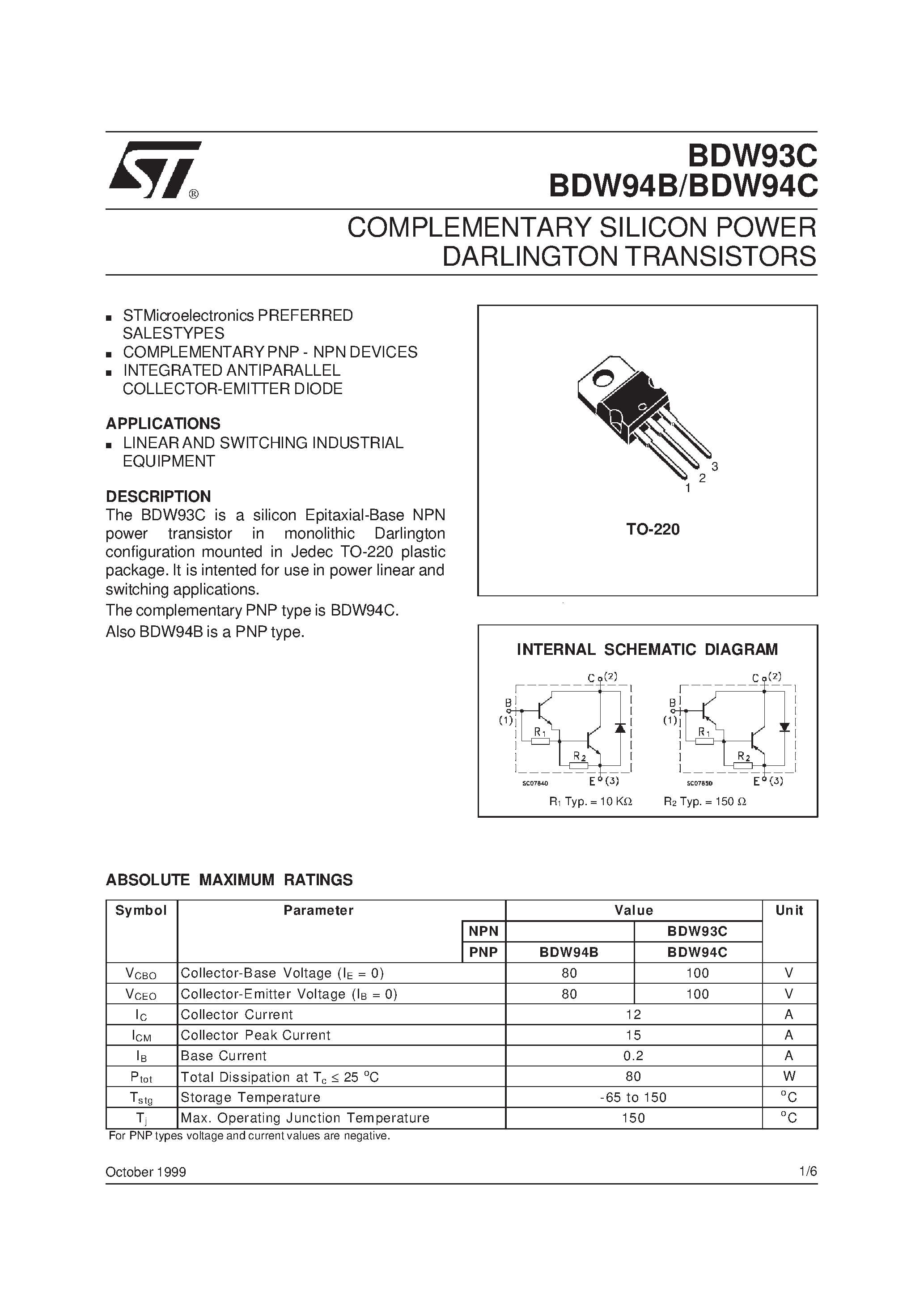 Datasheet BDW93C page 1 Datasheet BDW93C - COMPLEMENTARY SILICON POWER DARLINGTON TRANSISTORS page 1