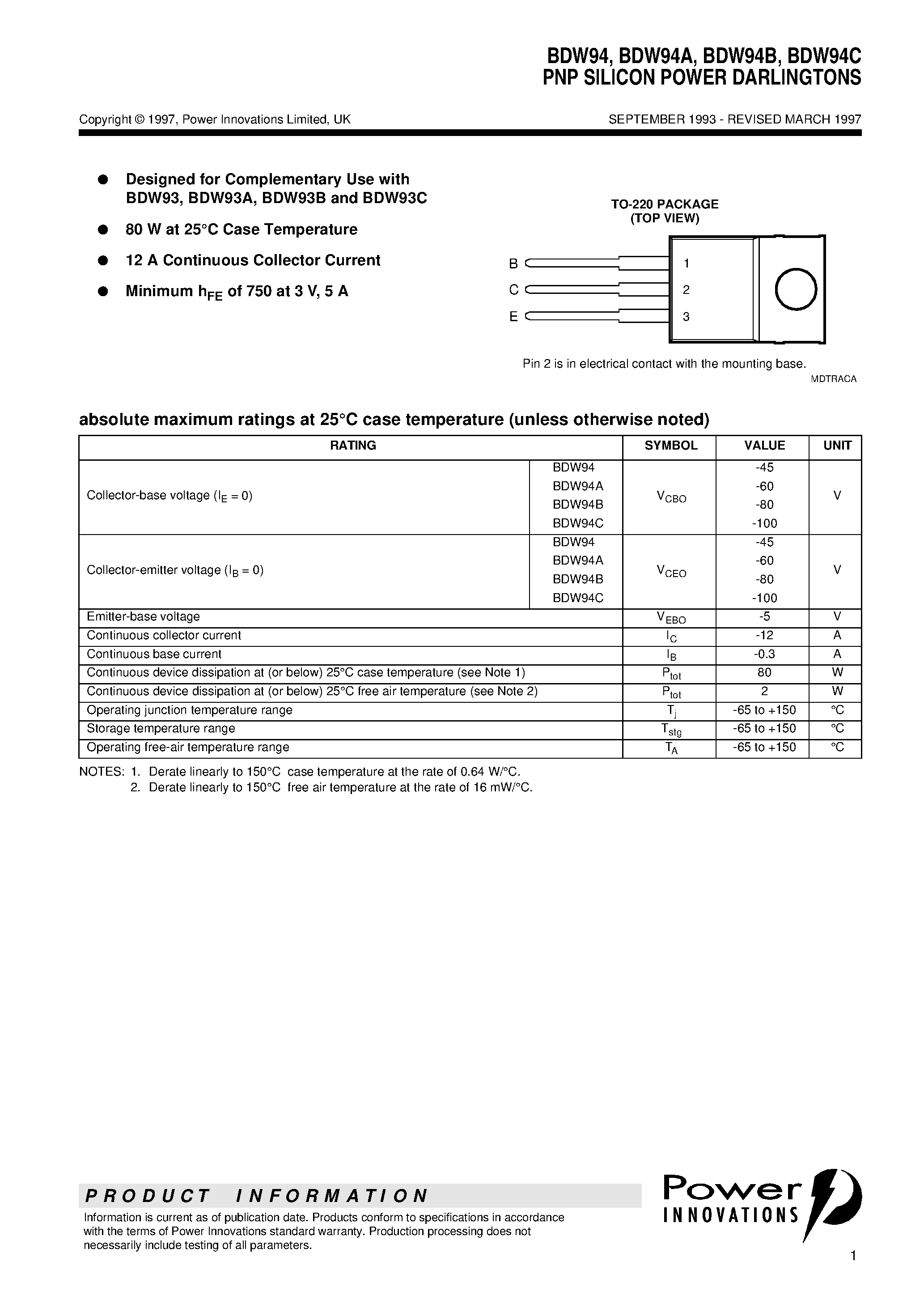 Datasheet BDW94 page 1 Datasheet BDW94 - PNP SILICON POWER DARLINGTONS page 1
