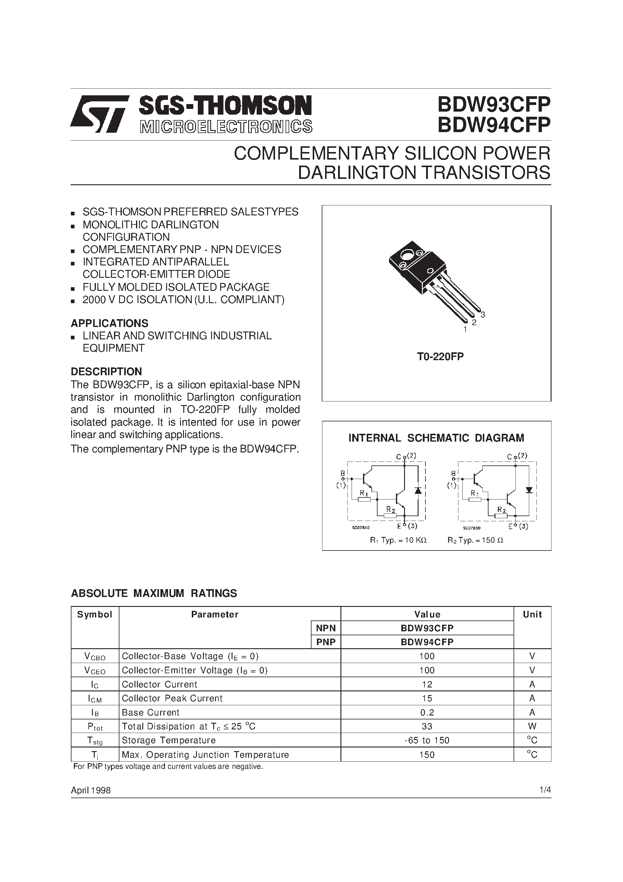Datasheet BDW94CFP - COMPLEMENTARY SILICON POWER DARLINGTON TRANSISTORS page 1