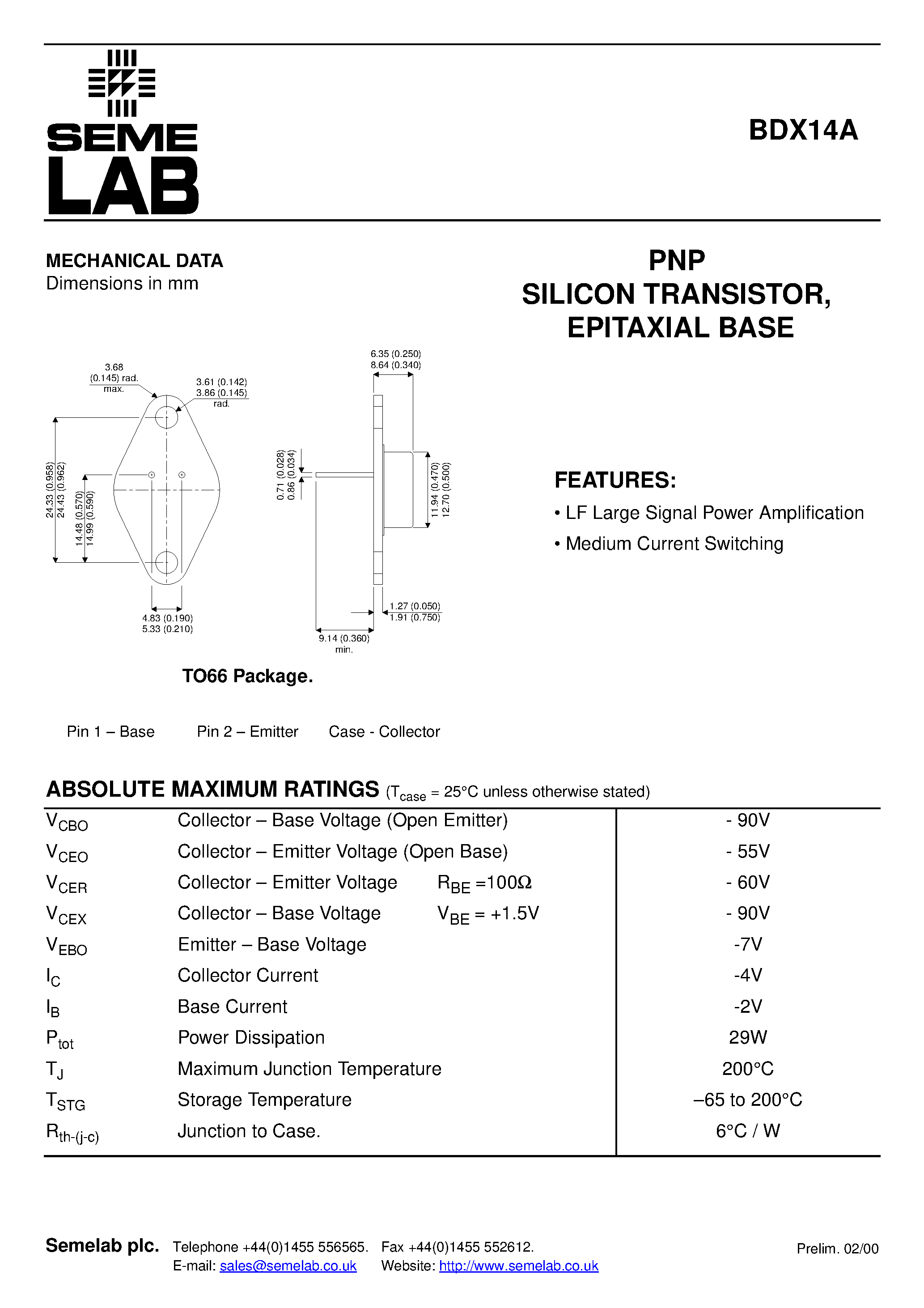 Datasheet BDX14AA page 1 Datasheet BDX14AA - PNP SILICON TRANSISTOR/ EPITAXIAL BASE page 1