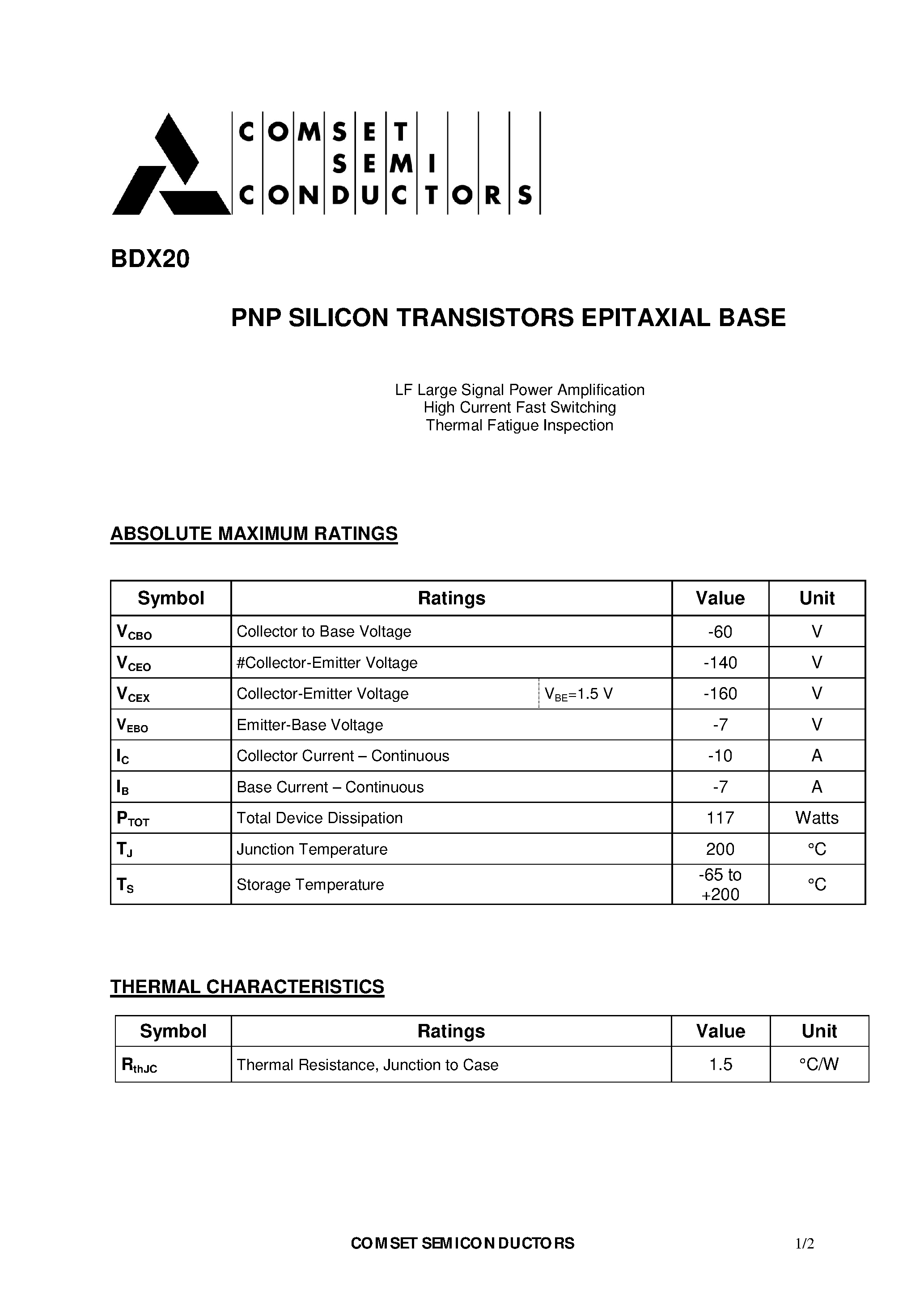 Datasheet BDX20 page 1 Datasheet BDX20 - PNP SILICON TRANSISTORS EPITAXIAL BASE page 1