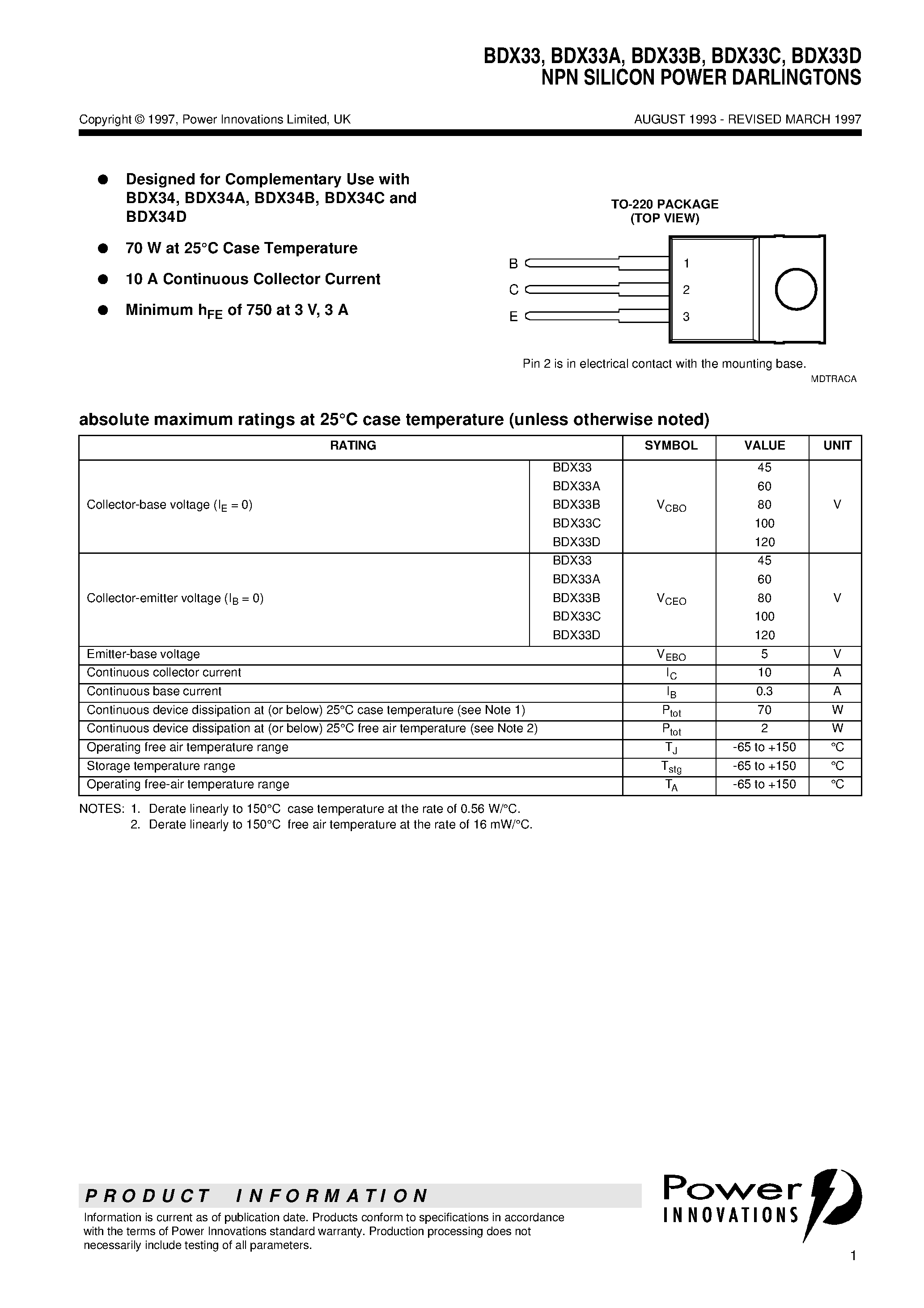 Datasheet BDX33 - NPN SILICON POWER DARLINGTONS page 1