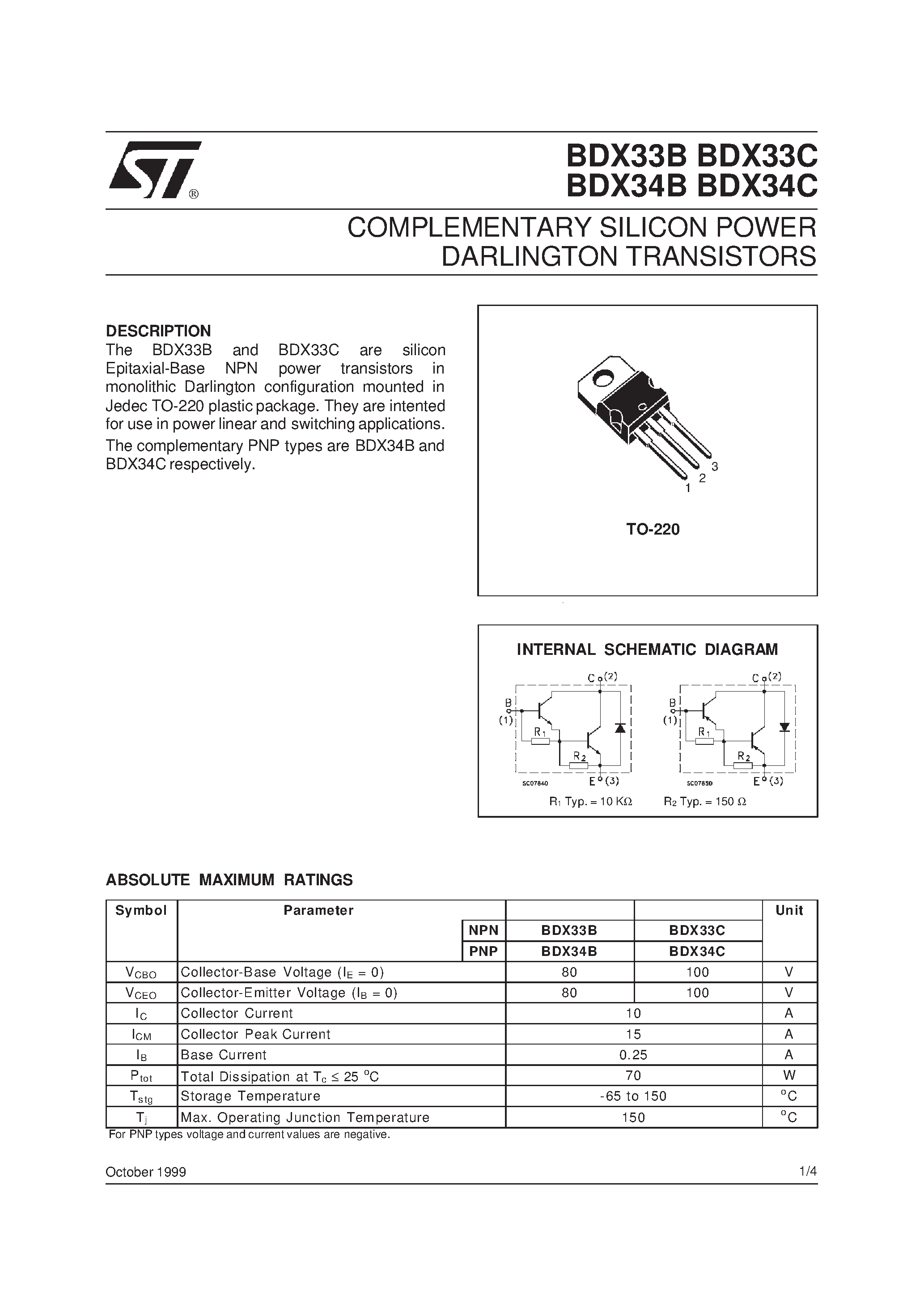 Даташит BDX33C - COMPLEMENTARY SILICON POWER DARLINGTON TRANSISTORS страница 1