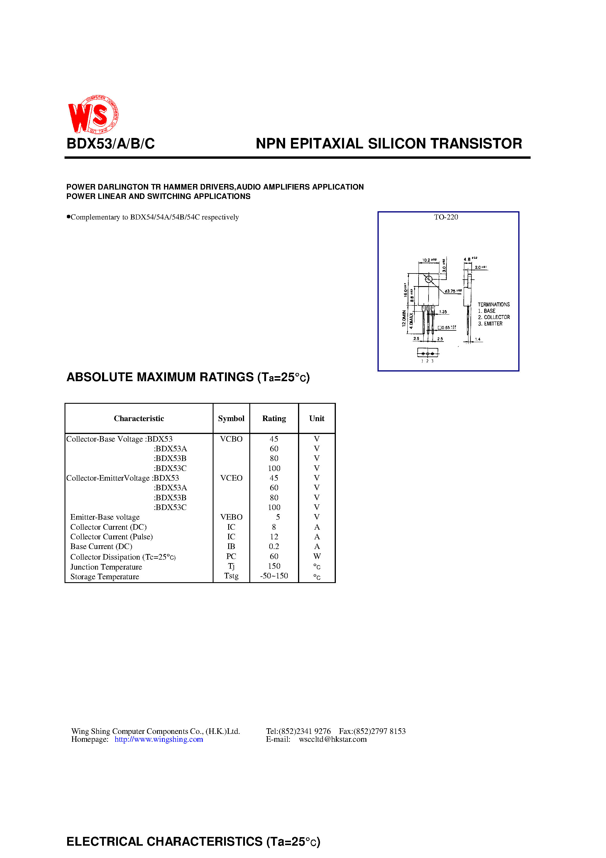 Datasheet BDX53B - NPN EPITAXIAL SILICON TRANSISTOR page 1