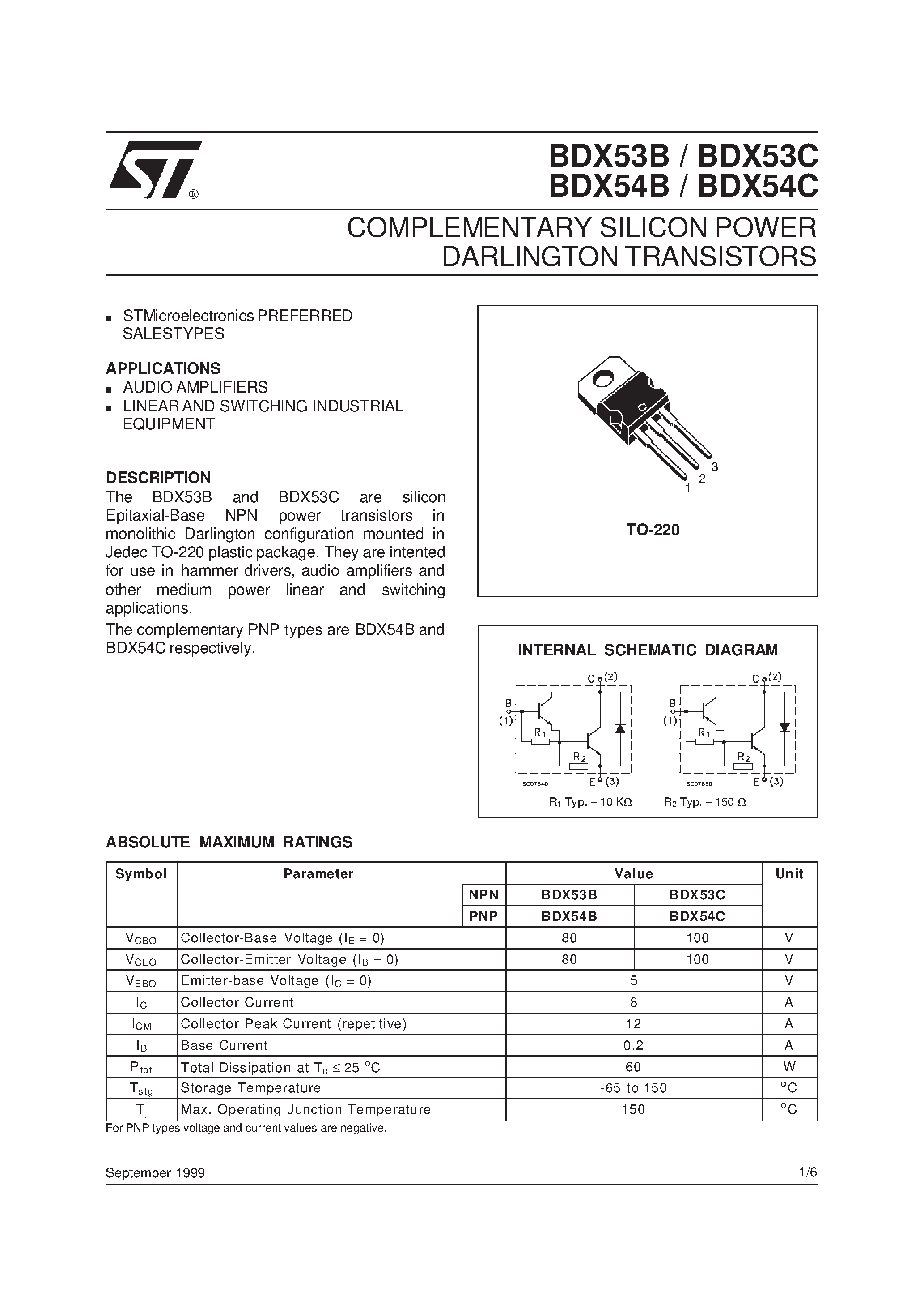 Даташит на микросхему BDX53C страница 1 Даташит BDX53C - COMPLEMENTARY SILICON POWER DARLINGTON TRANSISTORS страница 1