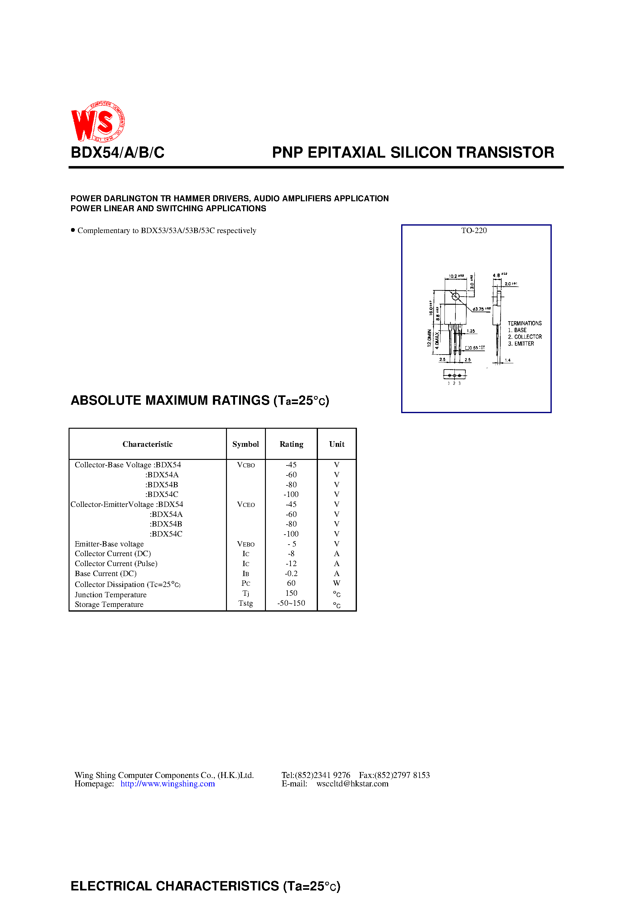 Datasheet BDX54B - PNP EPITAXIAL SILICON TRANSISTOR page 1