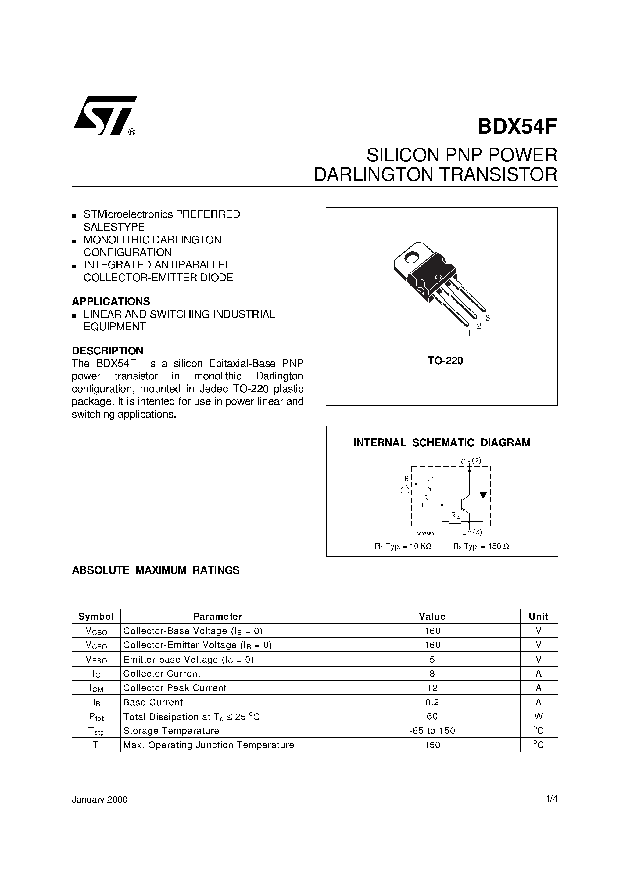 Datasheet BDX54F - SILICON PNP POWER DARLINGTON TRANSISTOR page 1