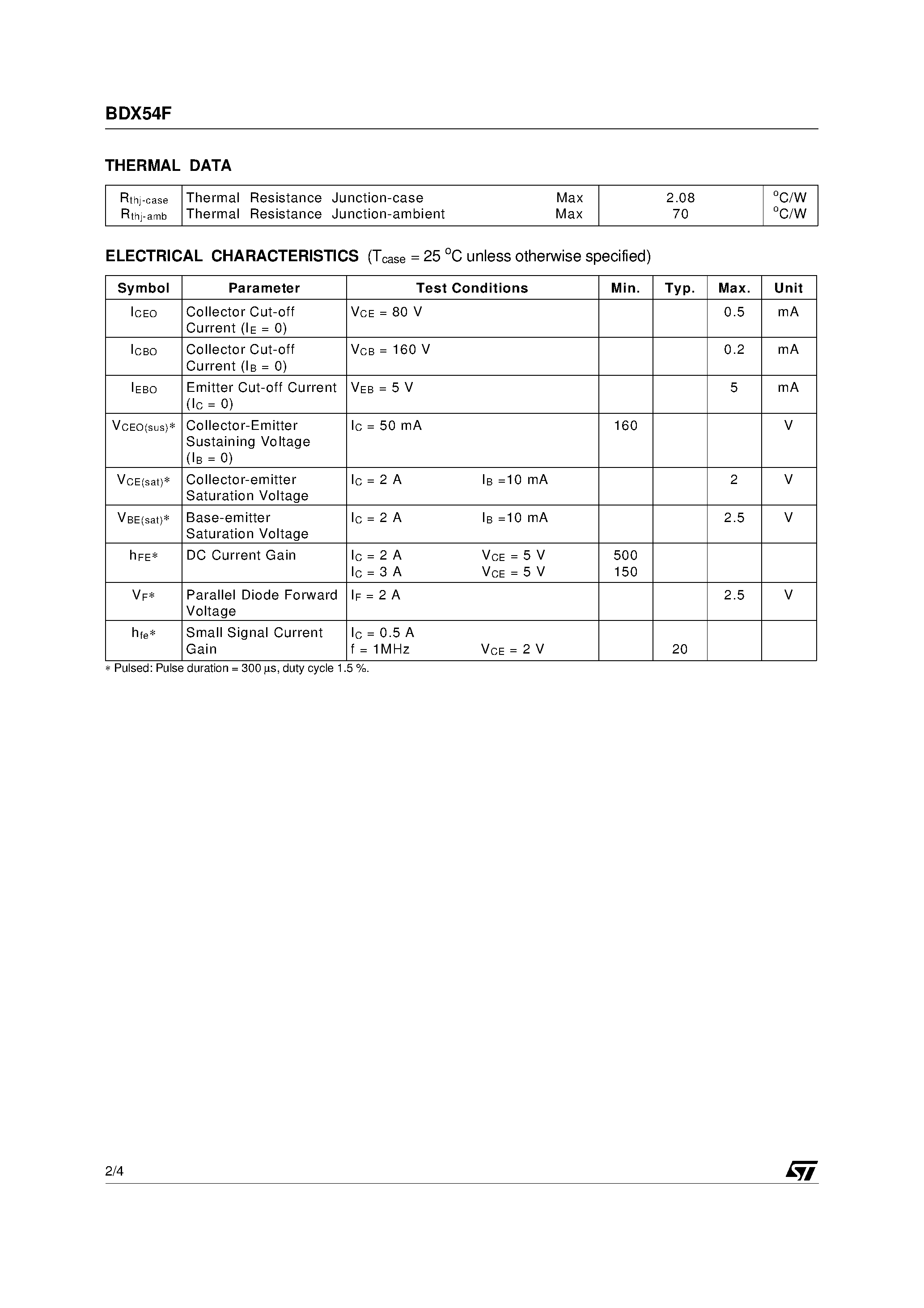 Datasheet BDX54F - SILICON PNP POWER DARLINGTON TRANSISTOR page 2