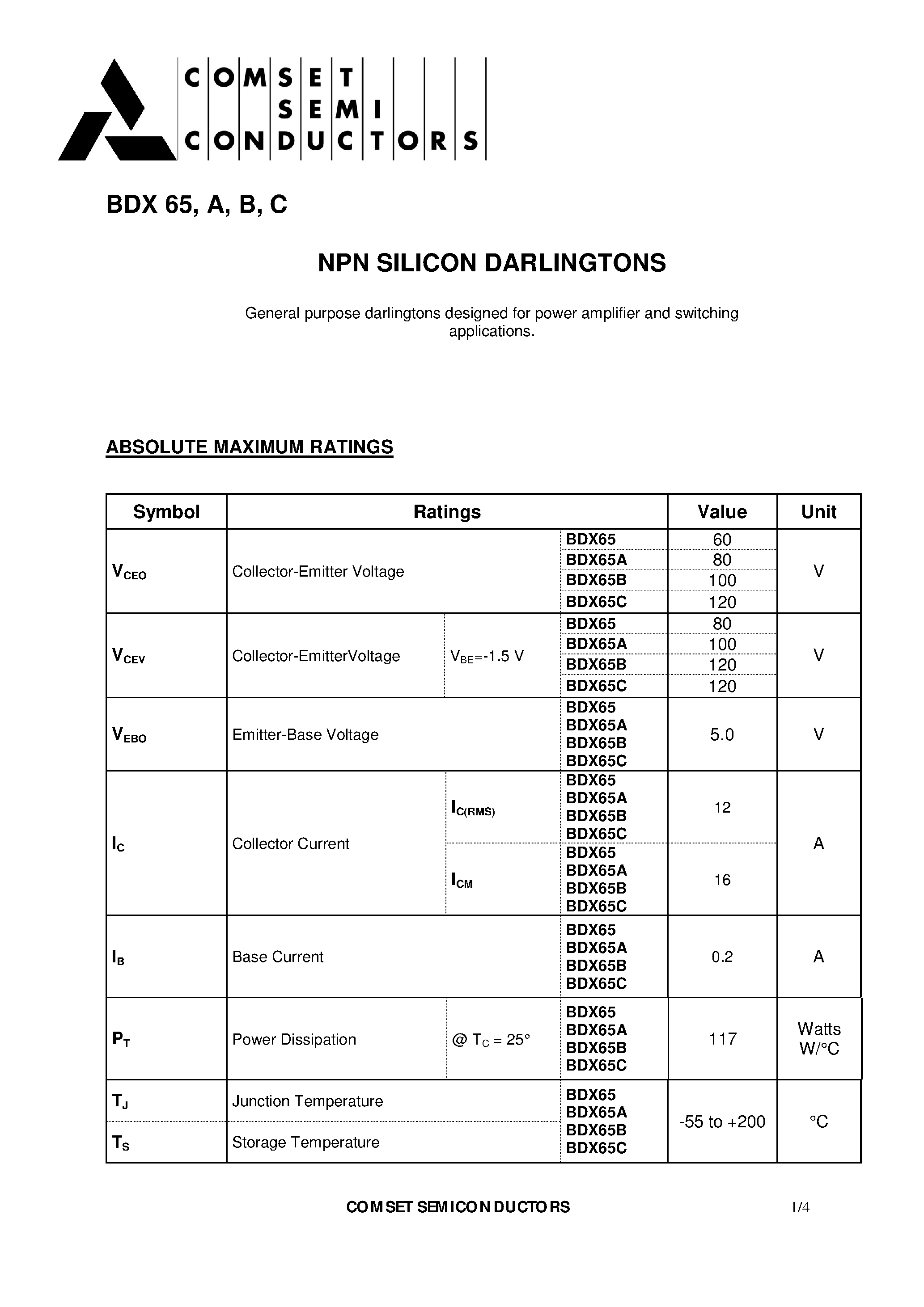 Datasheet BDX65C - NPN SILICON DARLINGTONS page 1