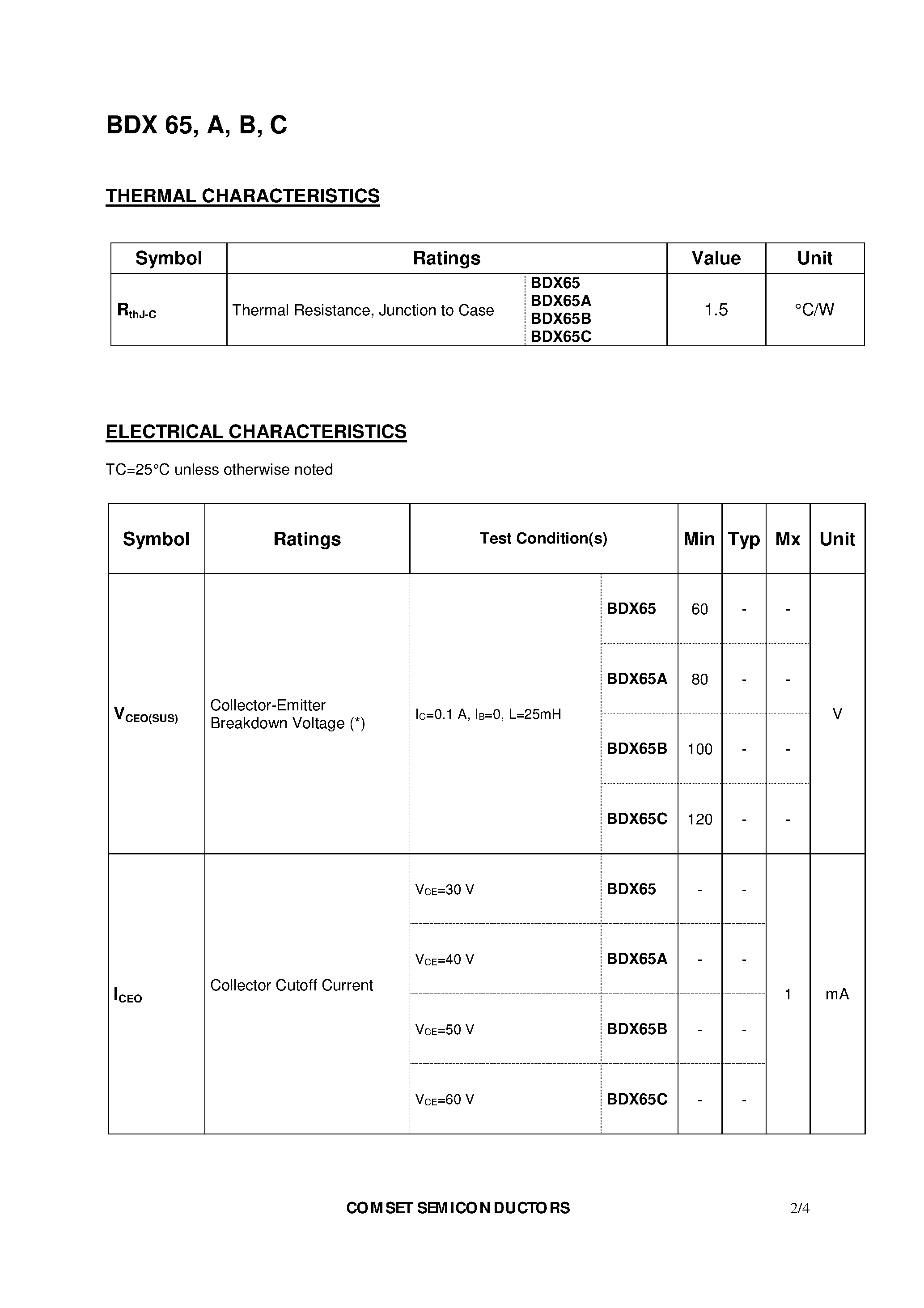 Datasheet BDX65C - NPN SILICON DARLINGTONS page 2