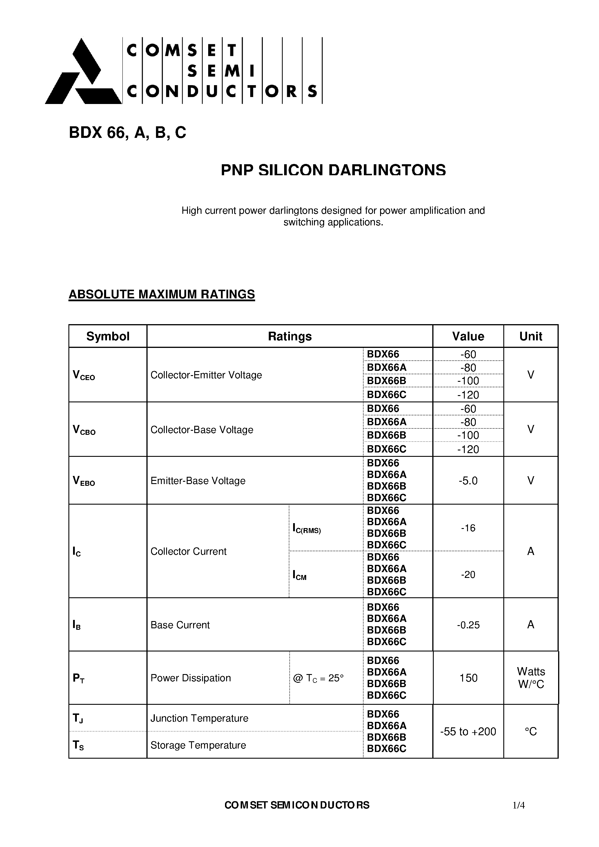 Datasheet BDX66 - PNP SILICON DARLINGTONS page 1