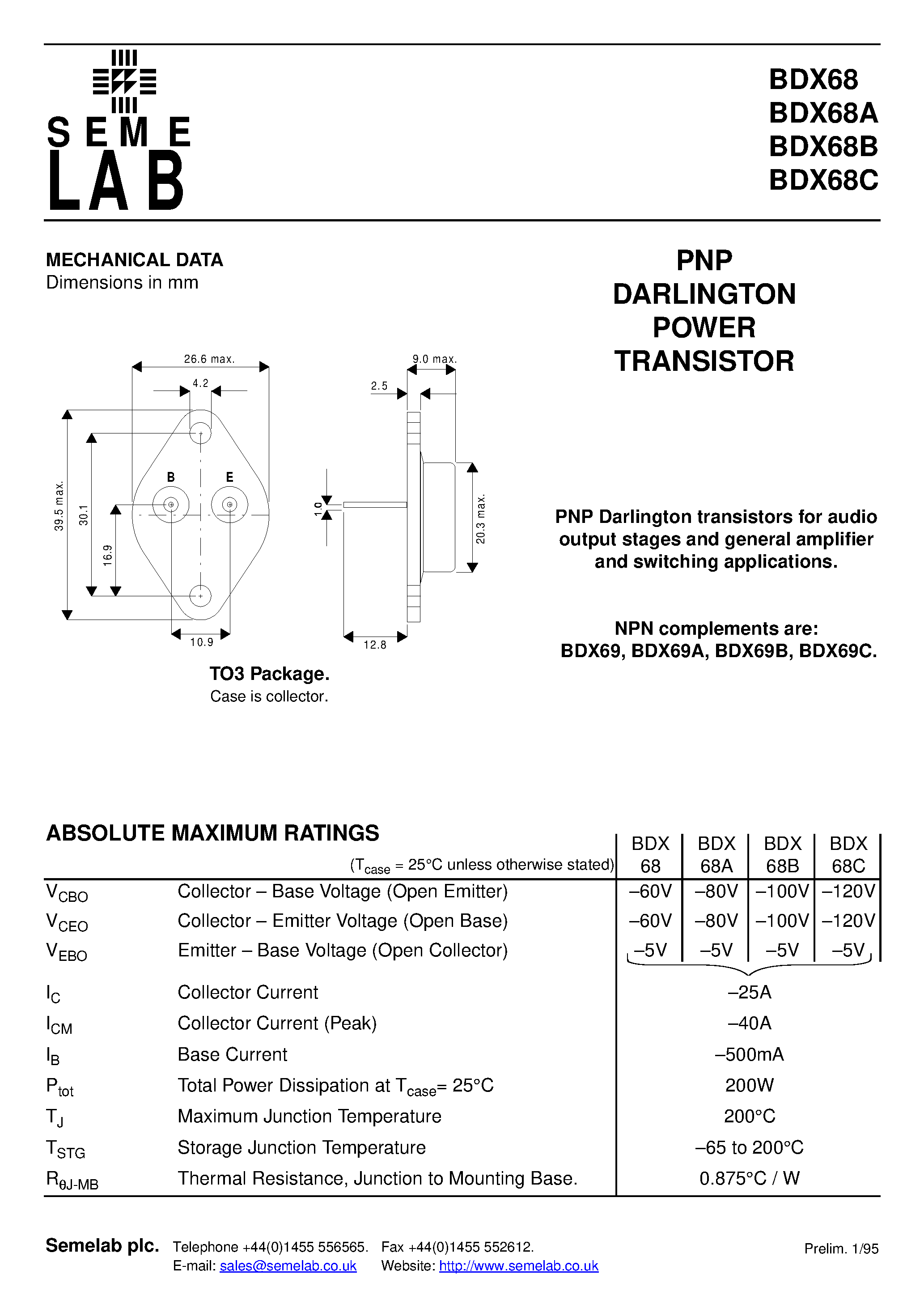 Datasheet BDX68A page 1 Datasheet BDX68A - PNP DARLINGTON POWER TRANSISTOR page 1