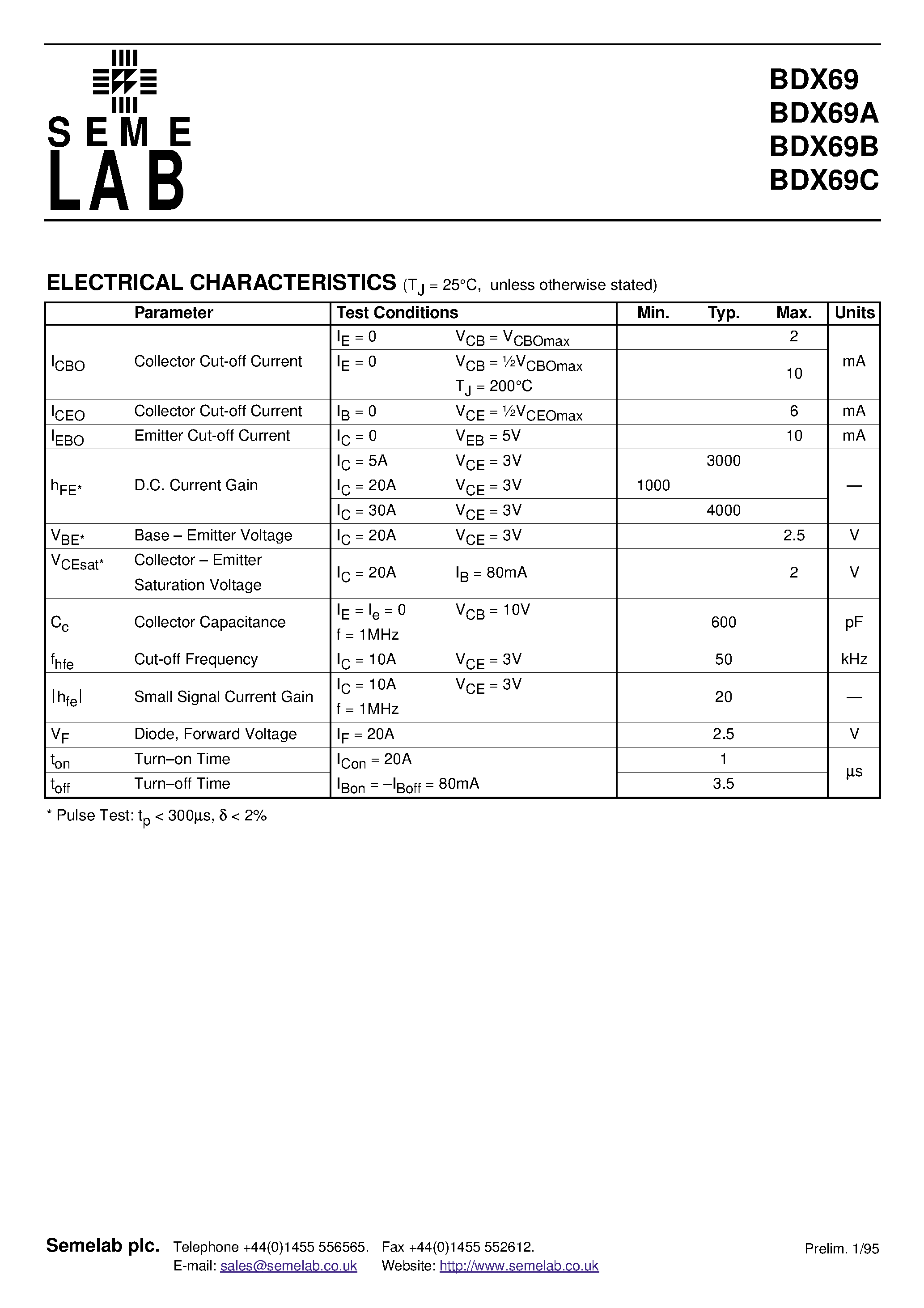 Datasheet BDX69 page 2 Datasheet BDX69 - NPN DARLINGTON POWER TRANSISTOR page 2
