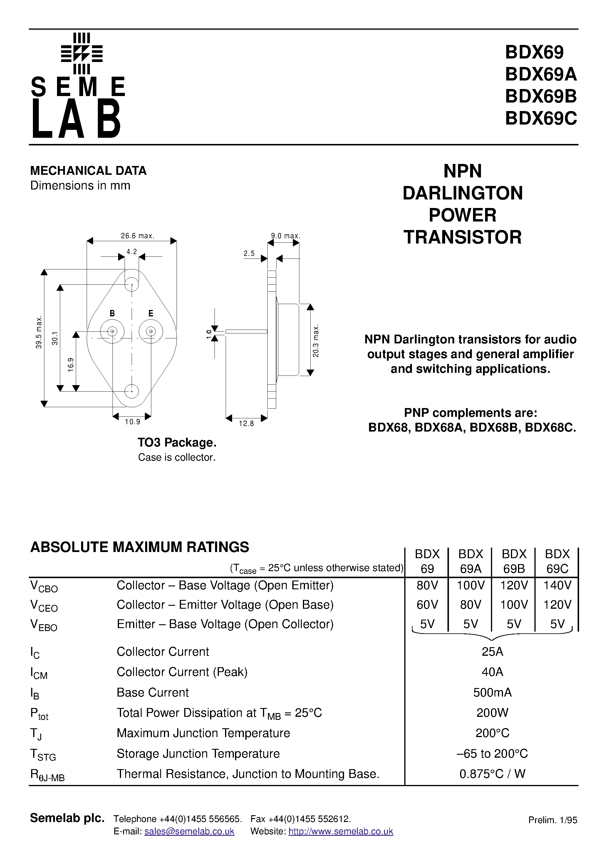 Datasheet BDX69A page 1 Datasheet BDX69A - NPN DARLINGTON POWER TRANSISTOR page 1