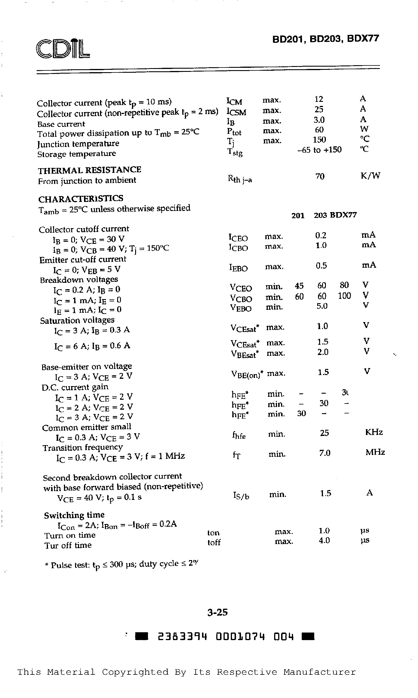 Datasheet BDX77 - Medium Power Switching and Amplifier Applications page 2
