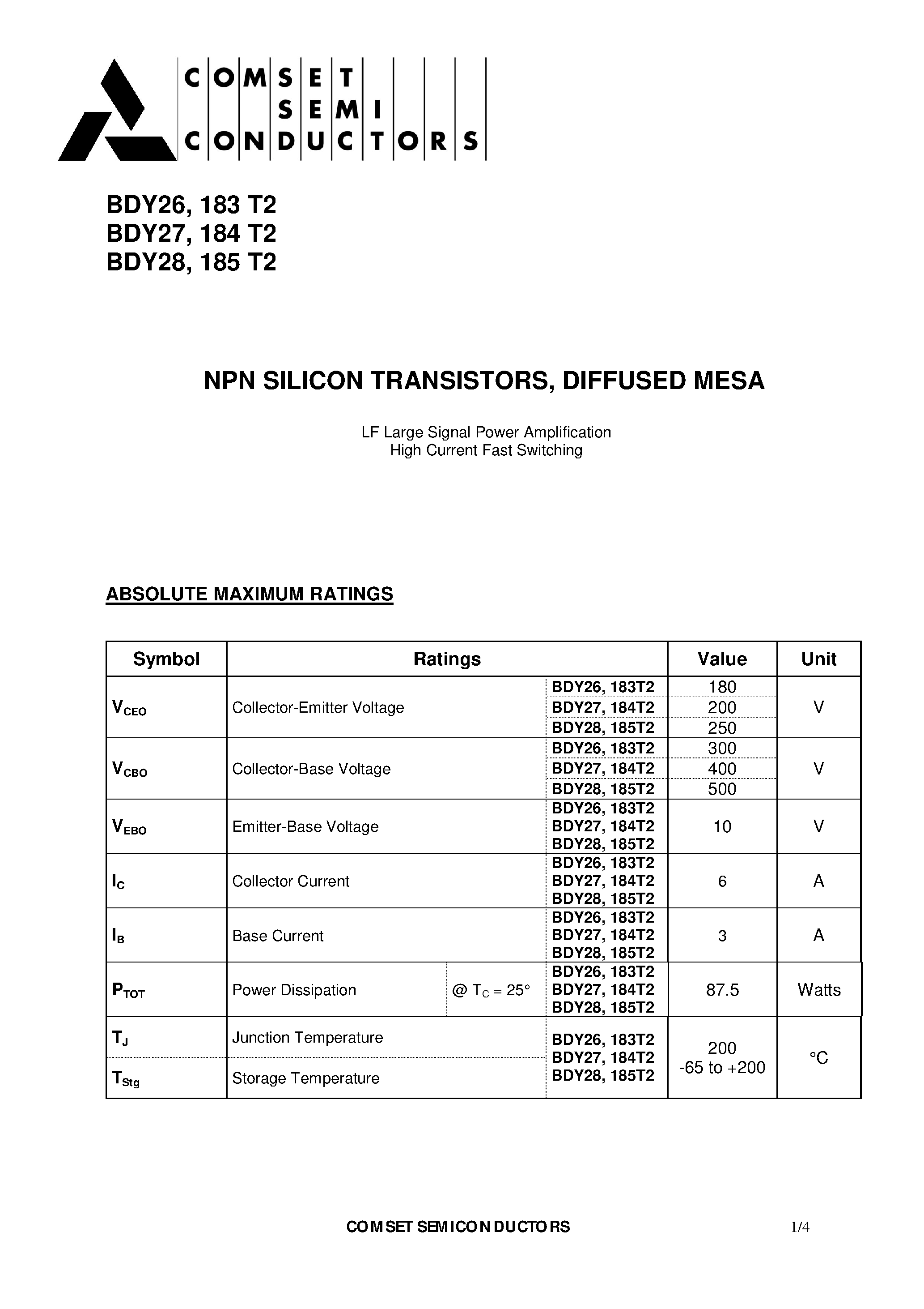 Даташит BDY26 - NPN SILICON TRANSISTORS DIFFUSED MESA страница 1