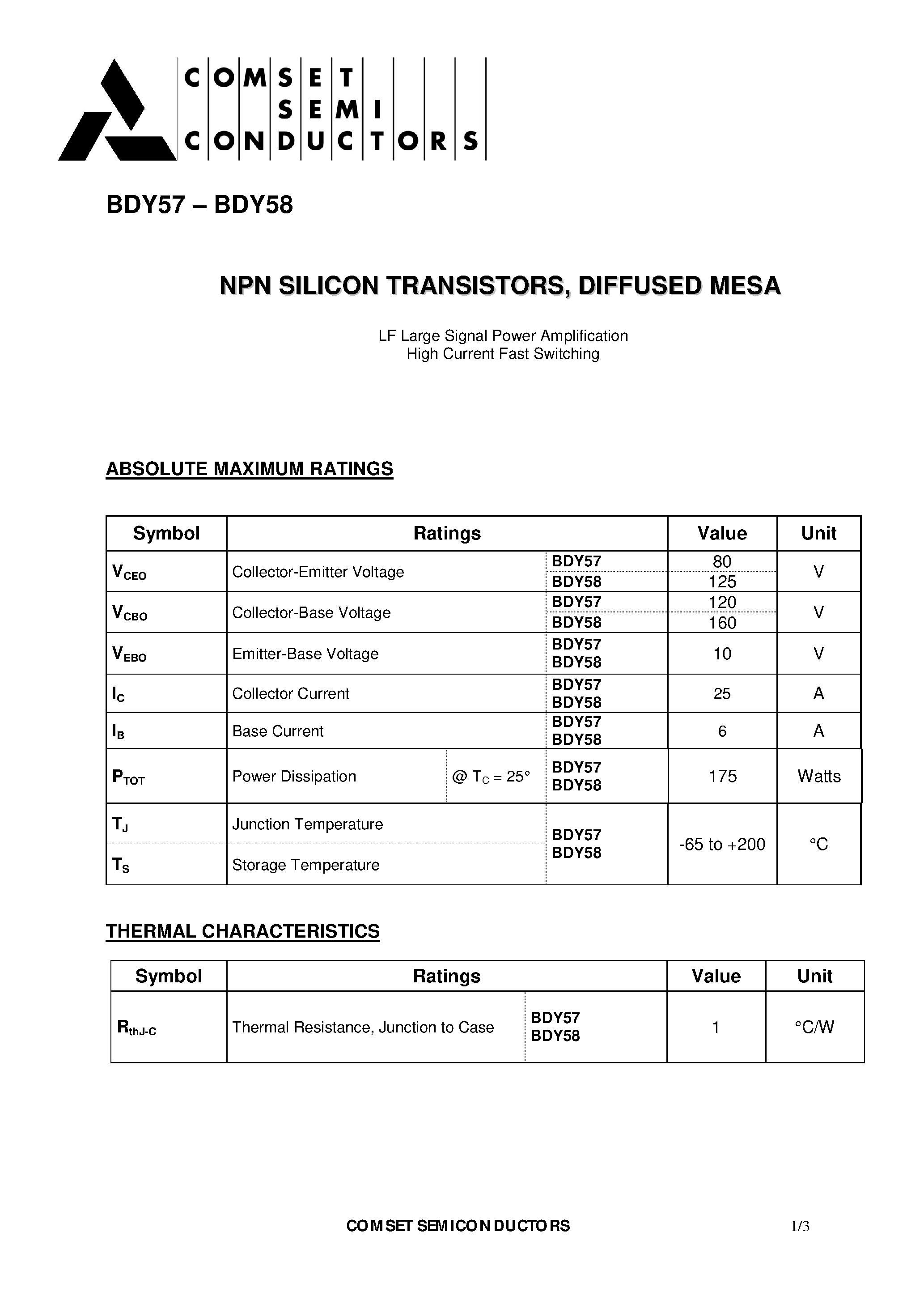 Даташит BDY58 - NPN SILICON TRANSISTORS DIFFUSED MESA страница 1