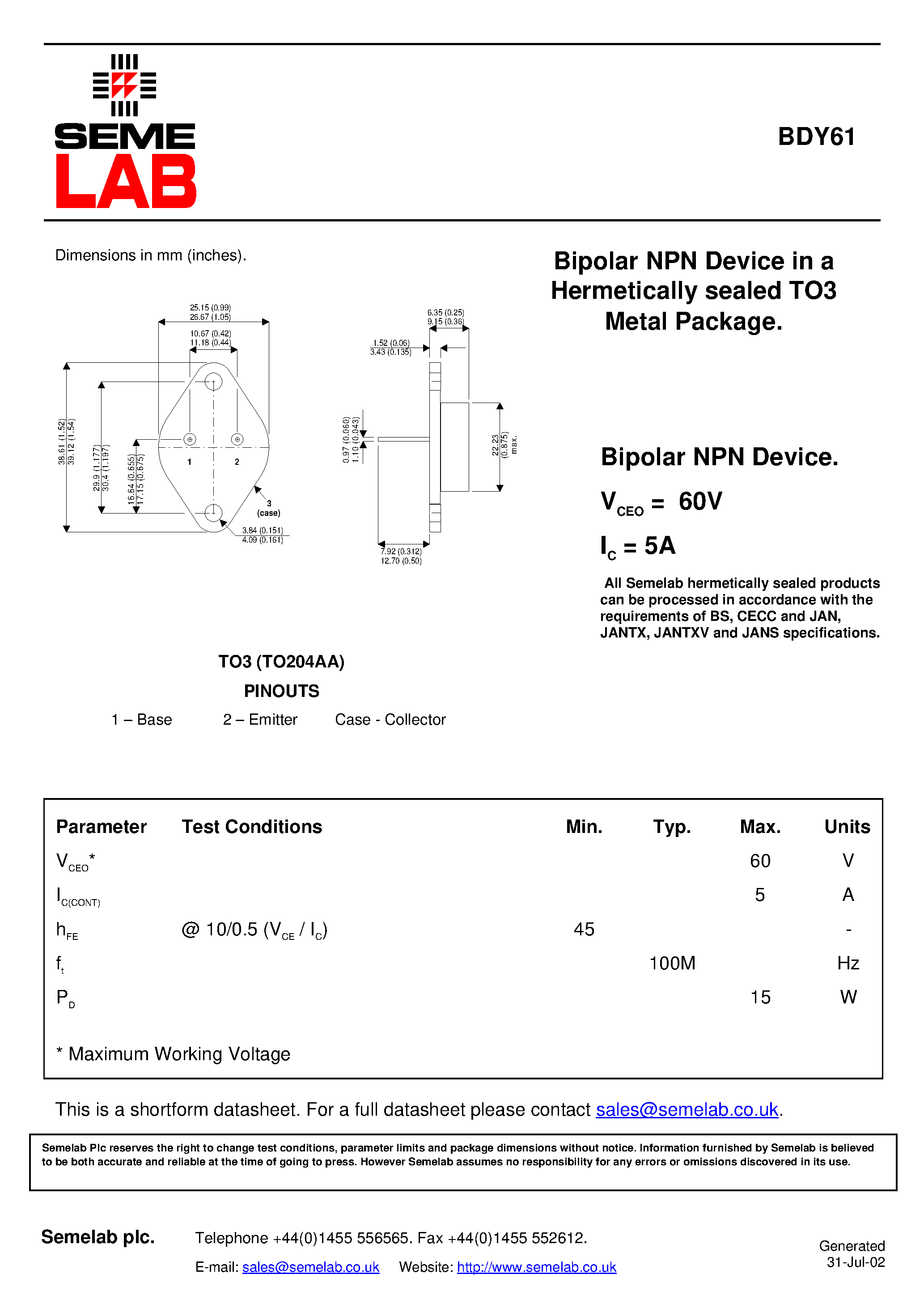 Datasheet BDY61 - Bipolar NPN Device in a Hermetically sealed TO3 Metal Package page 1