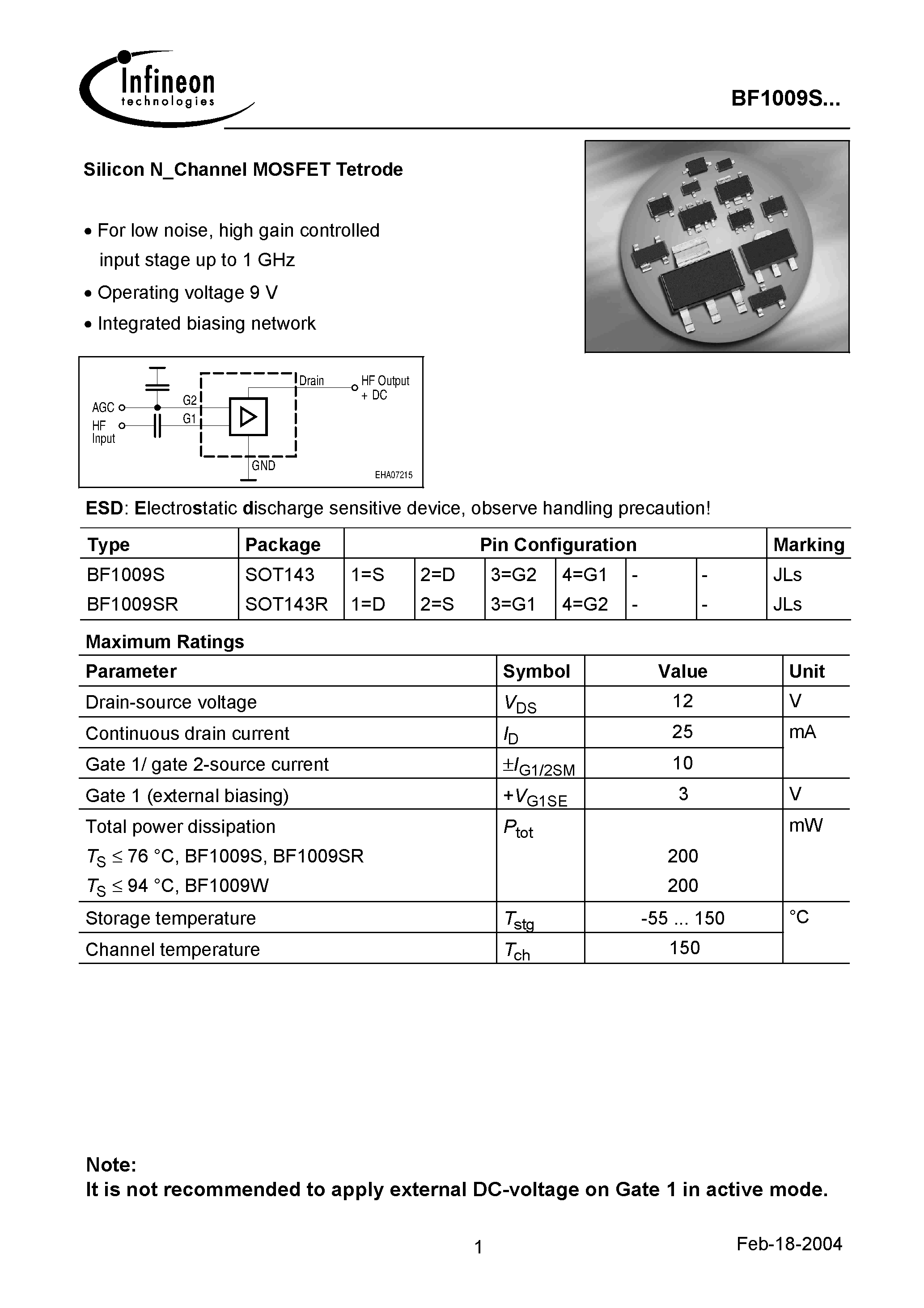 Datasheet BF1009SR page 1 Datasheet BF1009SR - Silicon N-Channel MOSFET Tetrode page 1