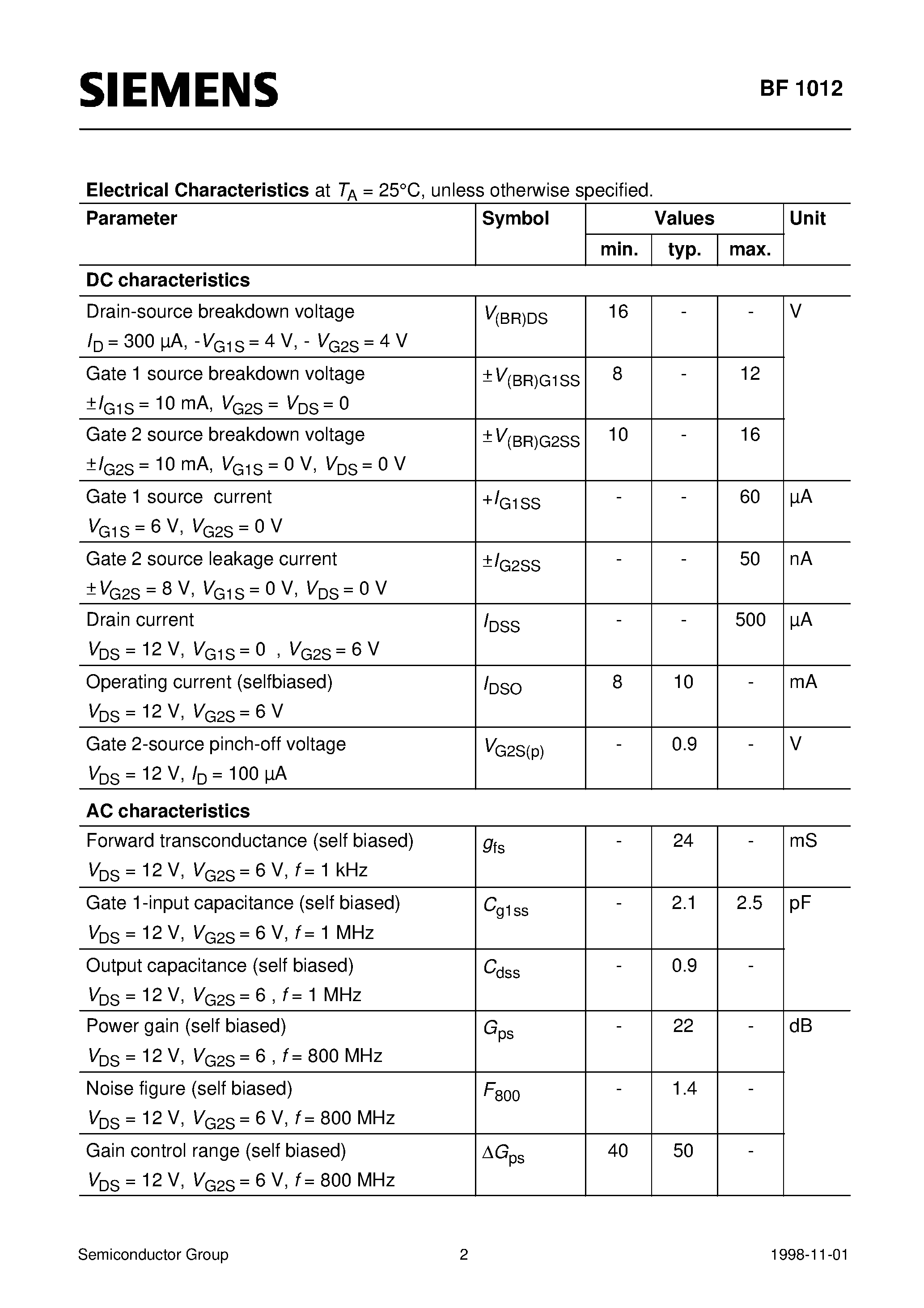 Datasheet BF1012 page 2 Datasheet BF1012 - Silicon N-Channel MOSFET Tetrode (For low noise/ high gain controlled input stages up to 1GHz Operating voltage 12V Integrated stabilized bias network page 2