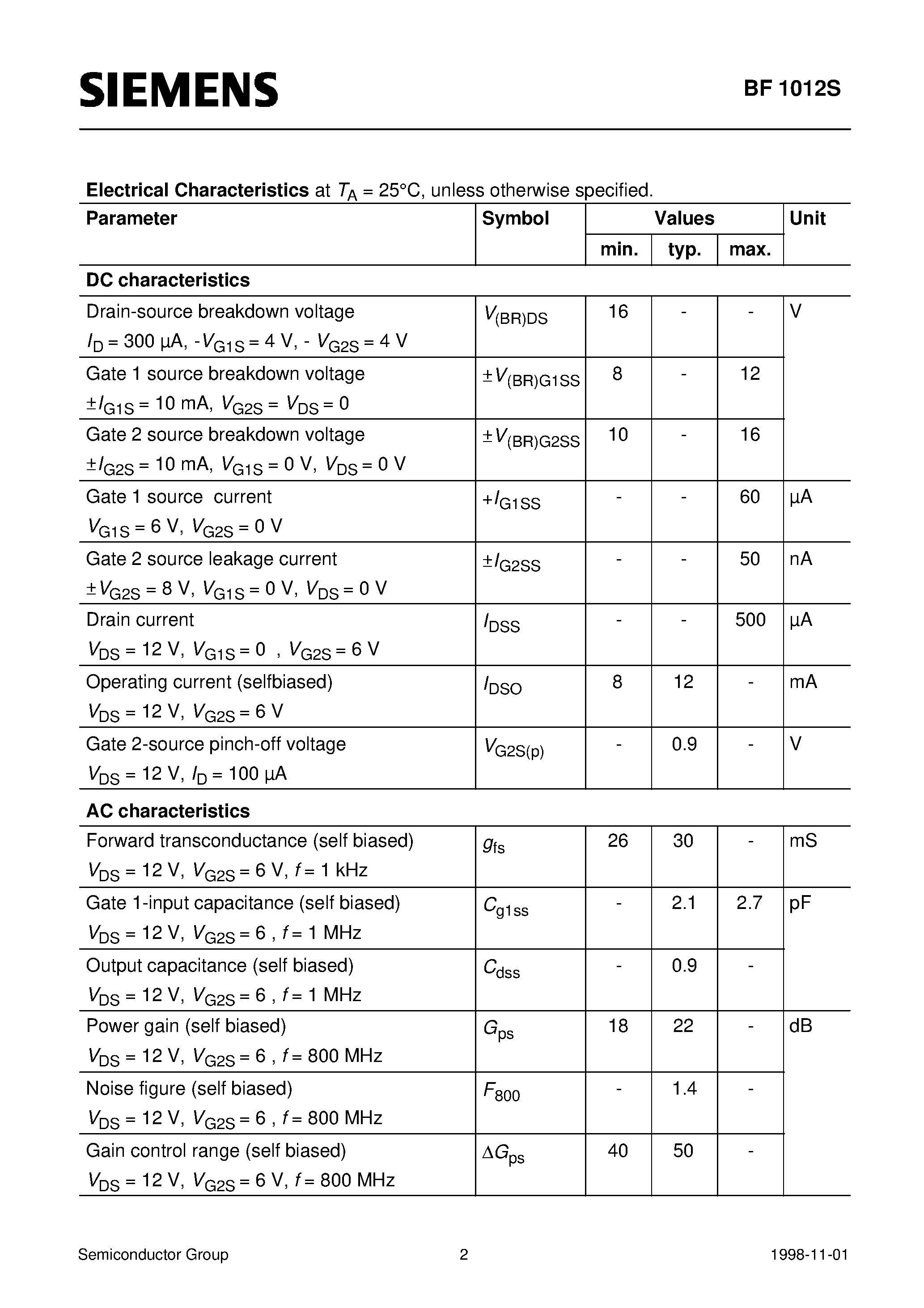 Datasheet BF1012S page 2 Datasheet BF1012S - Silicon N-Channel MOSFET Tetrode (For low noise/ high gain controlled input stages up to 1GHz Operating voltage 5V Integrated stabilized bias network) page 2