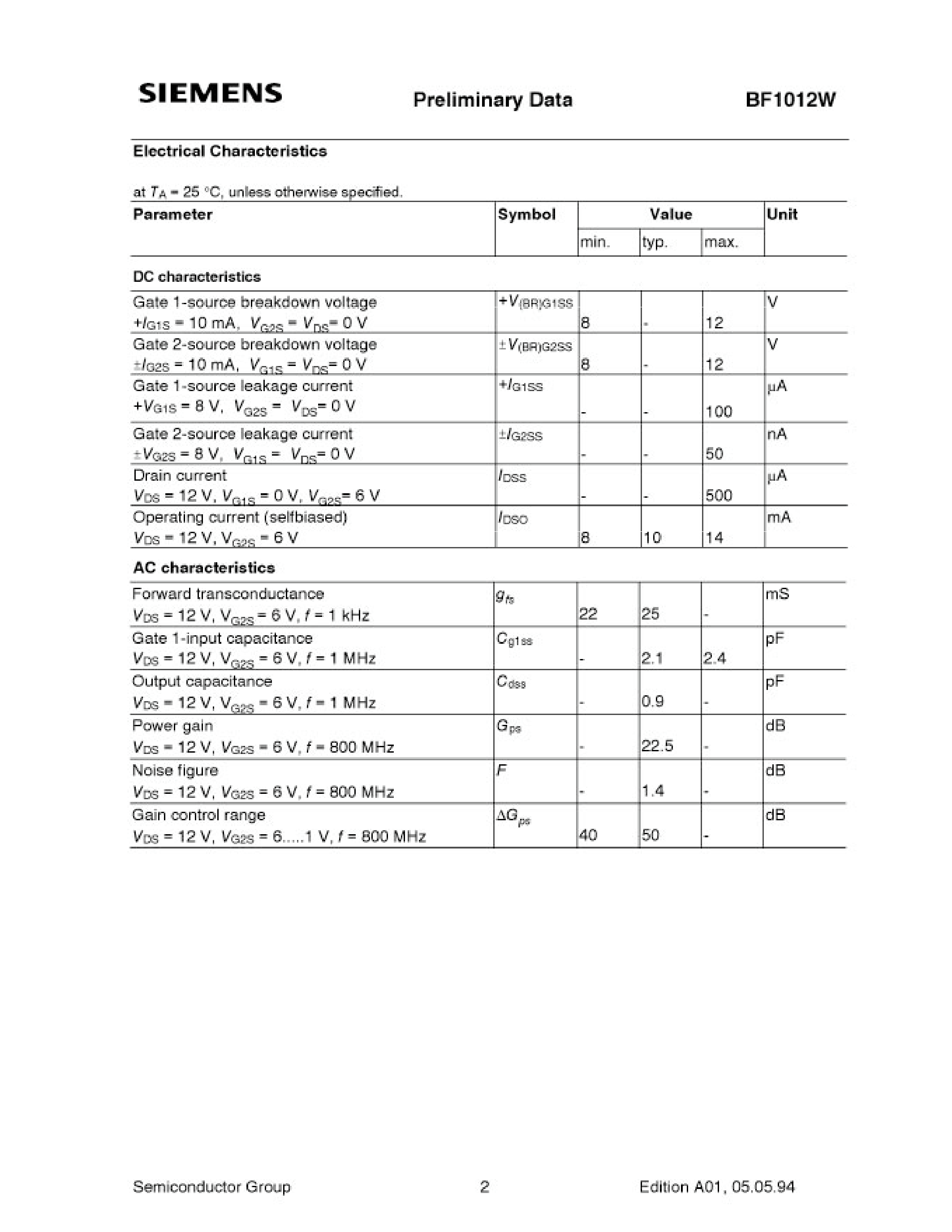 Datasheet BF1012W page 2 Datasheet BF1012W - SILICON N-CHANNEL MOSFET TETRODE (For low-noise/ gain-controlled input stages up to 1 GHz) page 2